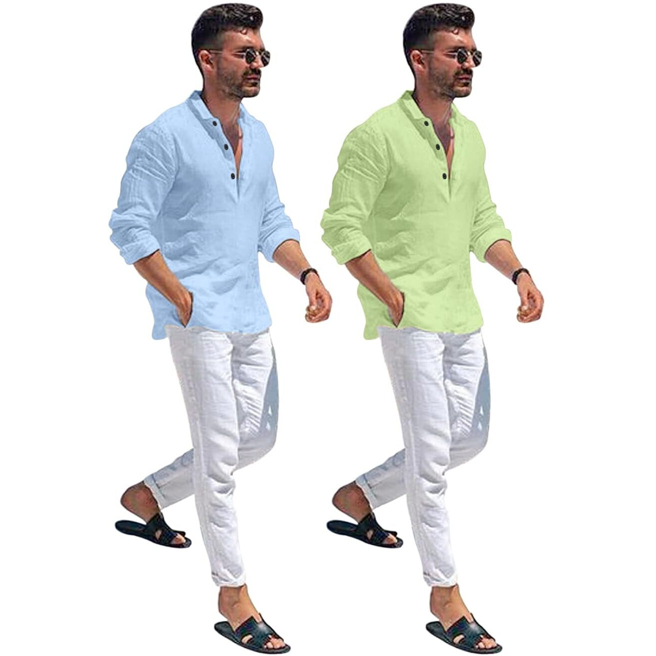 Bellstone Men's Cotton Blend Solid Regular Fit Dress Shirt (Kurta1600_Combo_Sky & L. Green_Xl Light