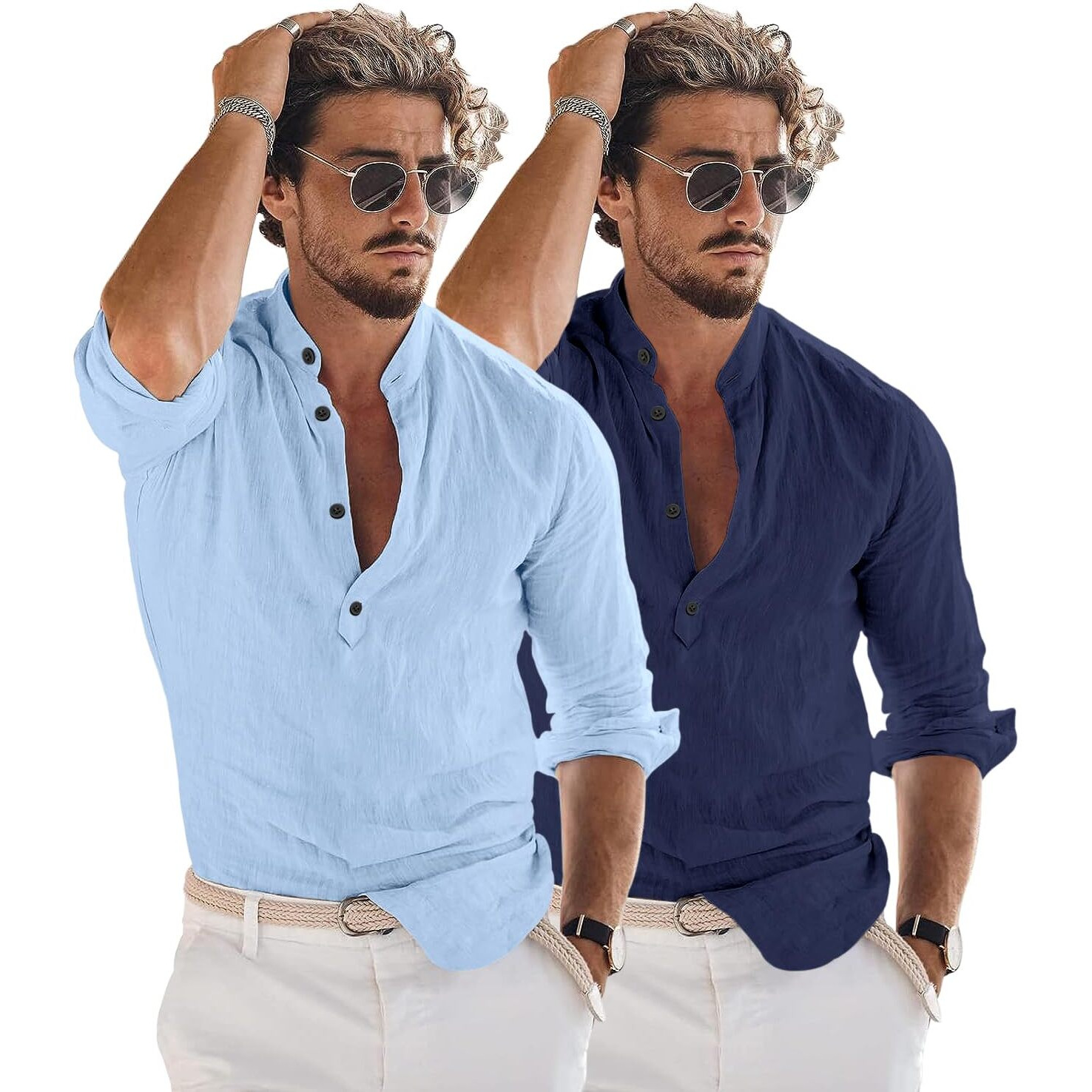 Bellstone Men's Cotton Blend Solid Regular Dress Shirt (Kurta1600_Combo_Sky & Navy_S