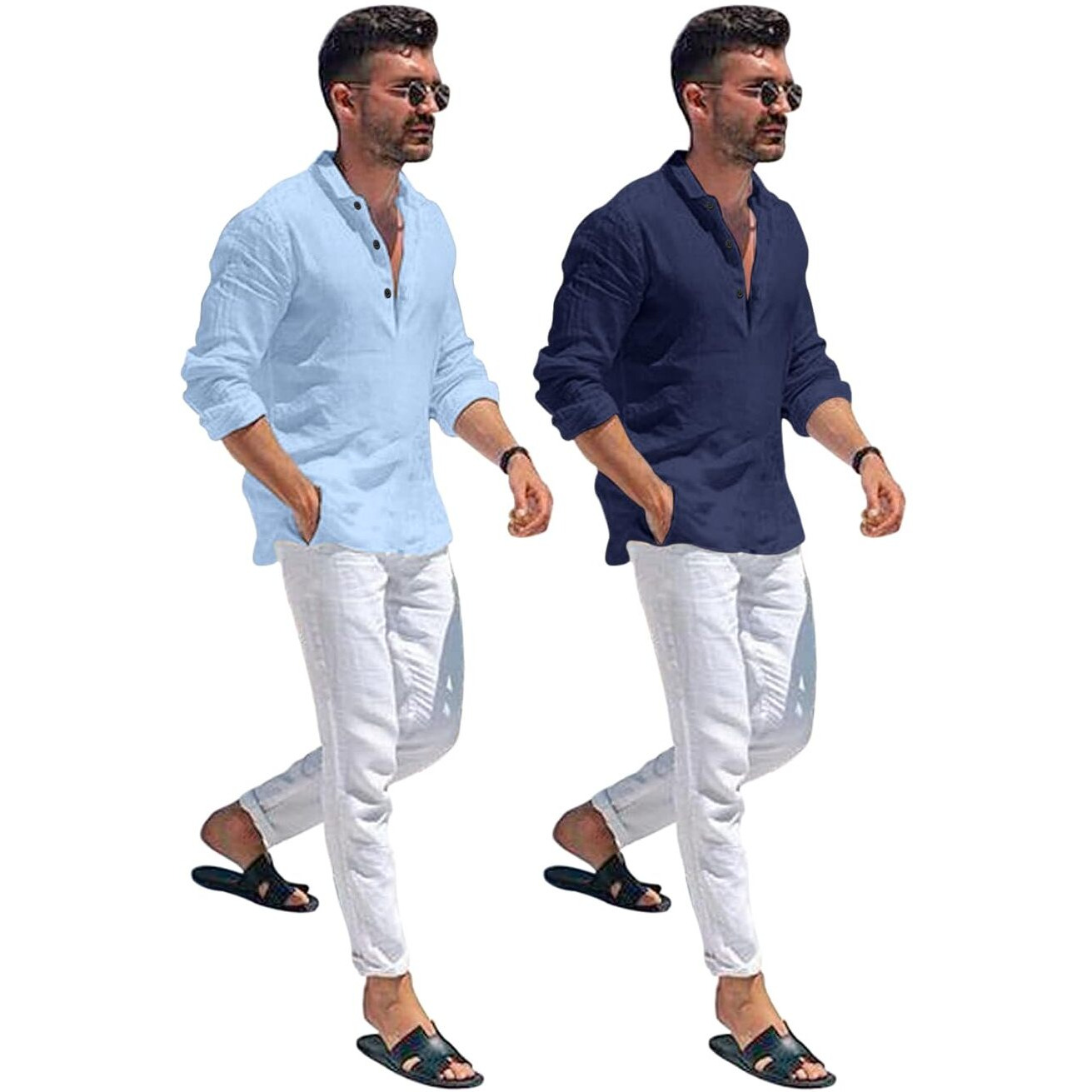 Bellstone Men's Solid Regular Fit Dress Shirt (Kurta1600_Combo_Sky & Navy_L