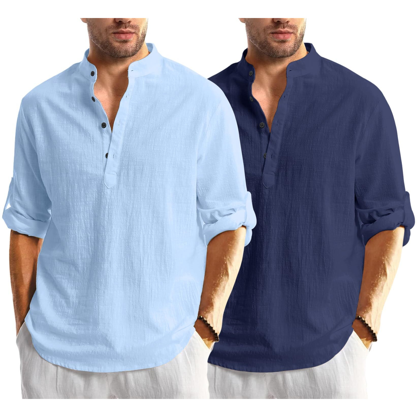 Bellstone Men's Cotton Blend Solid Regular Fit Dress Shirt (Kurta1600_Combo_Sky & Navy_Xl