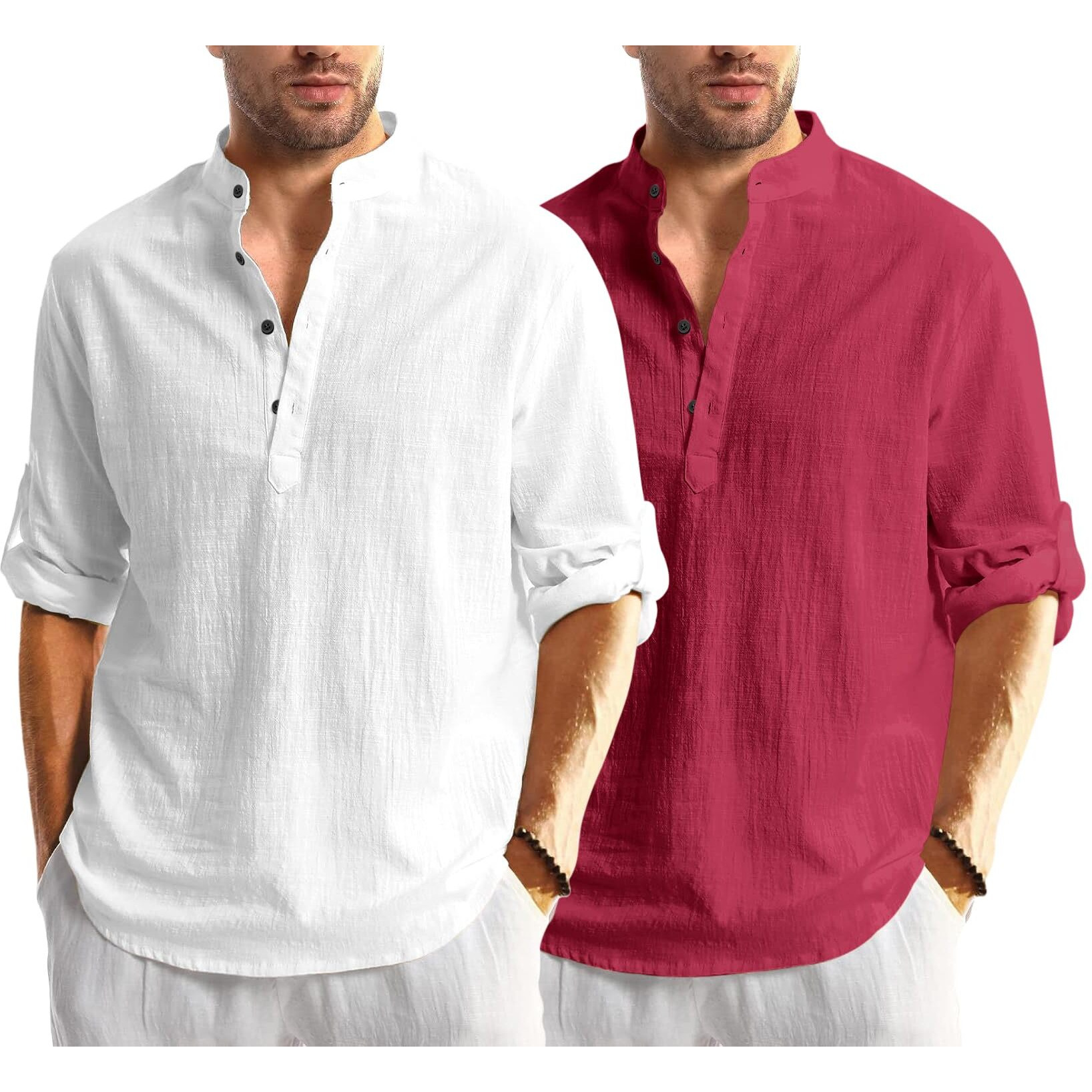Bellstone Men's Cotton Blend Solid Regular Dress Shirt (Kurta1600_Combo_White & Burgundy_M