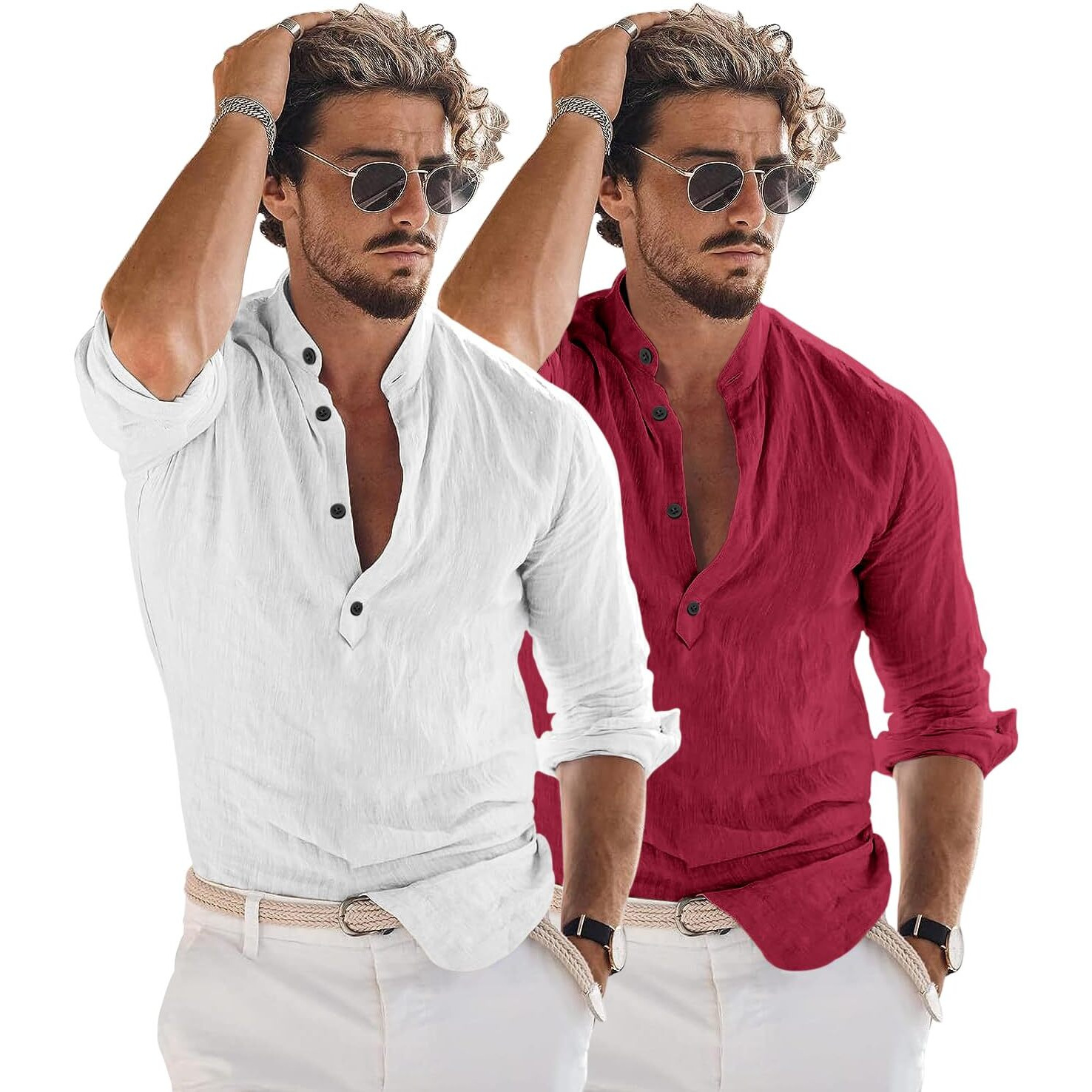 Bellstone Men's Cotton Blend Solid Regular Dress Shirt (Kurta1600_Combo_White & Burgundy_L