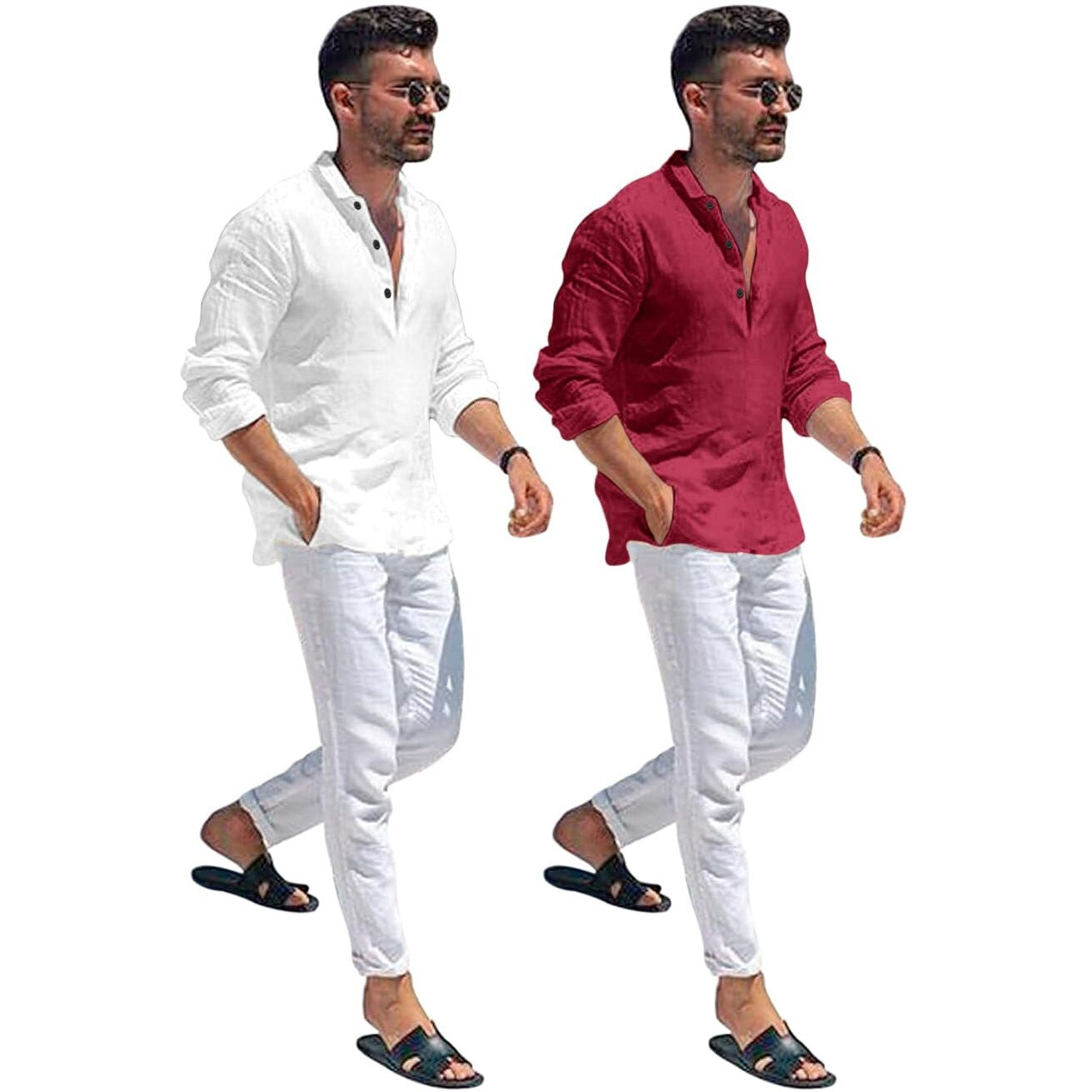Bellstone Men's Cotton Blend Solid Regular Dress Shirt (Kurta1600_Combo_White & Burgundy_L