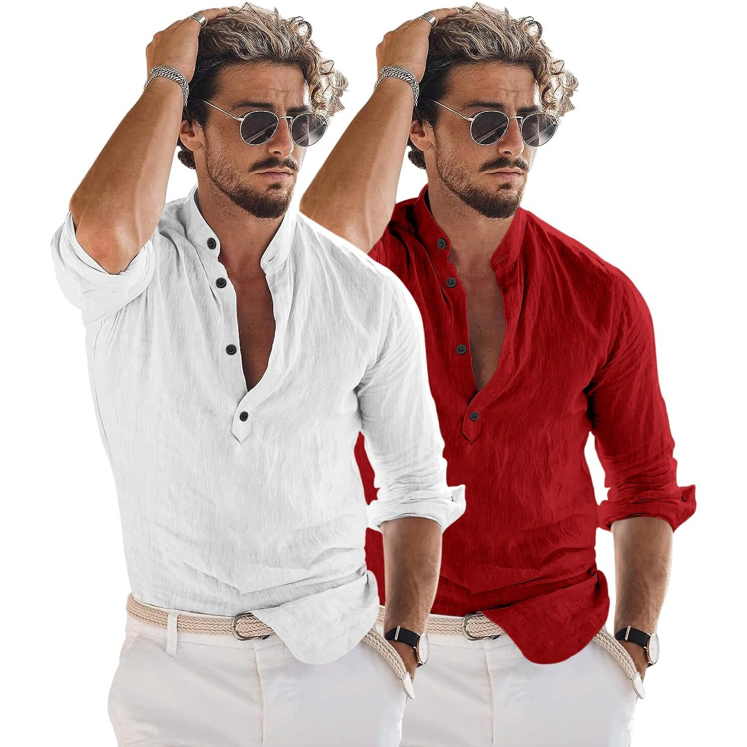 Bellstone Cotton Blend Men's Solid Regular Fit Dress Shirt (Kurta1600_Combo_White & Maroon_L