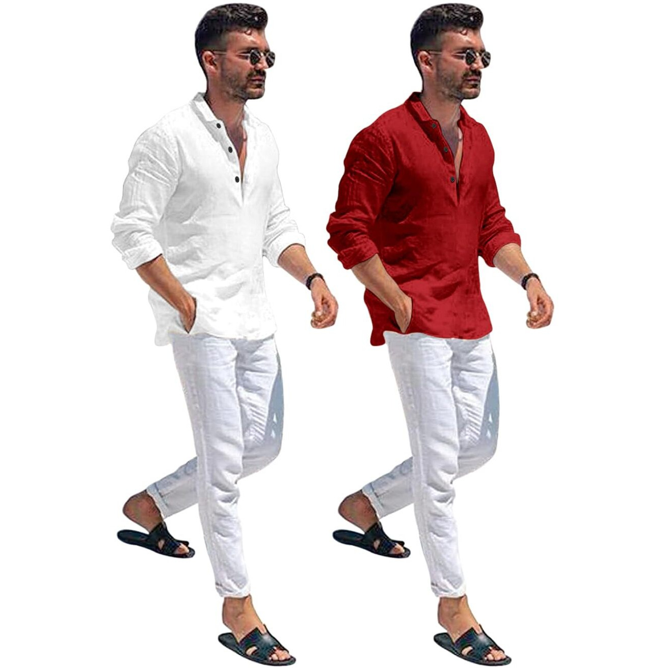 Bellstone Cotton Blend Men's Solid Regular Fit Dress Shirt (Kurta1600_Combo_White & Maroon_L
