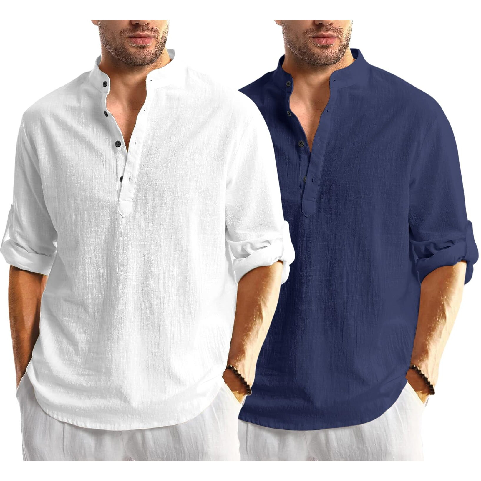 Bellstone Men's Cotton Blend Solid Regular Dress Shirt (Kurta1600_Combo_White & Navy_M
