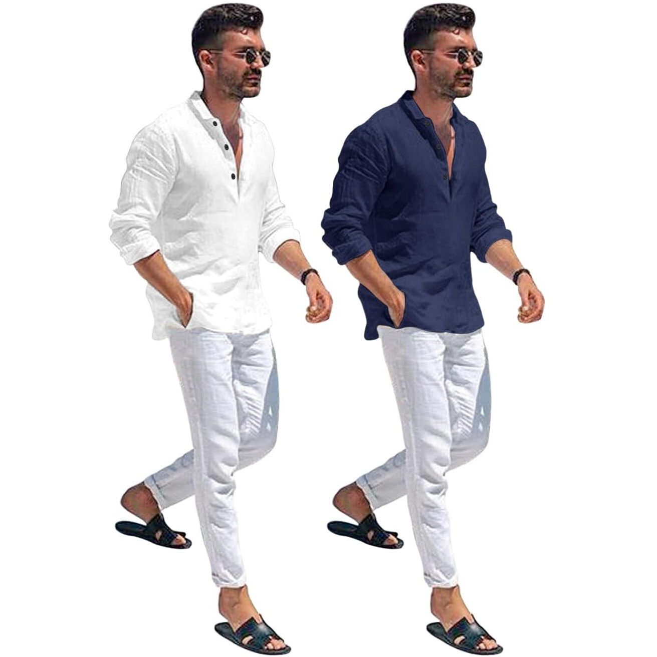 Bellstone Men's Cotton Blend Solid Regular Dress Shirt (Kurta1600_Combo_White & Navy_Xl