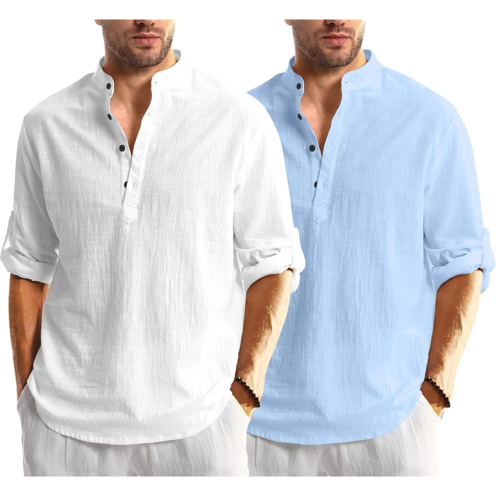 Bellstone Men's Solid Regular Fit Dress Shirt (Kurta1600_Combo_White & Sky_M