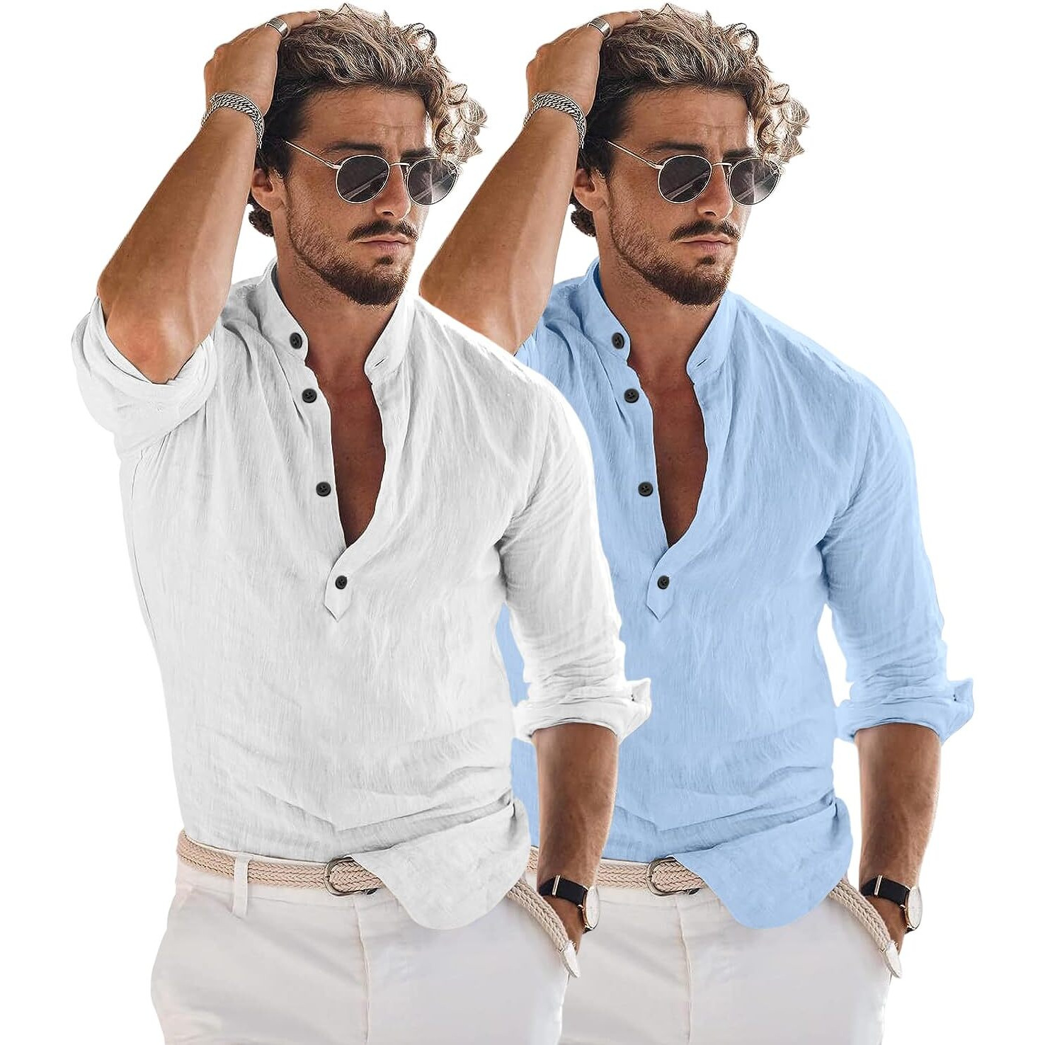 Bellstone Men's Solid Regular Fit Dress Shirt (Kurta1600_Combo_White & Sky_M