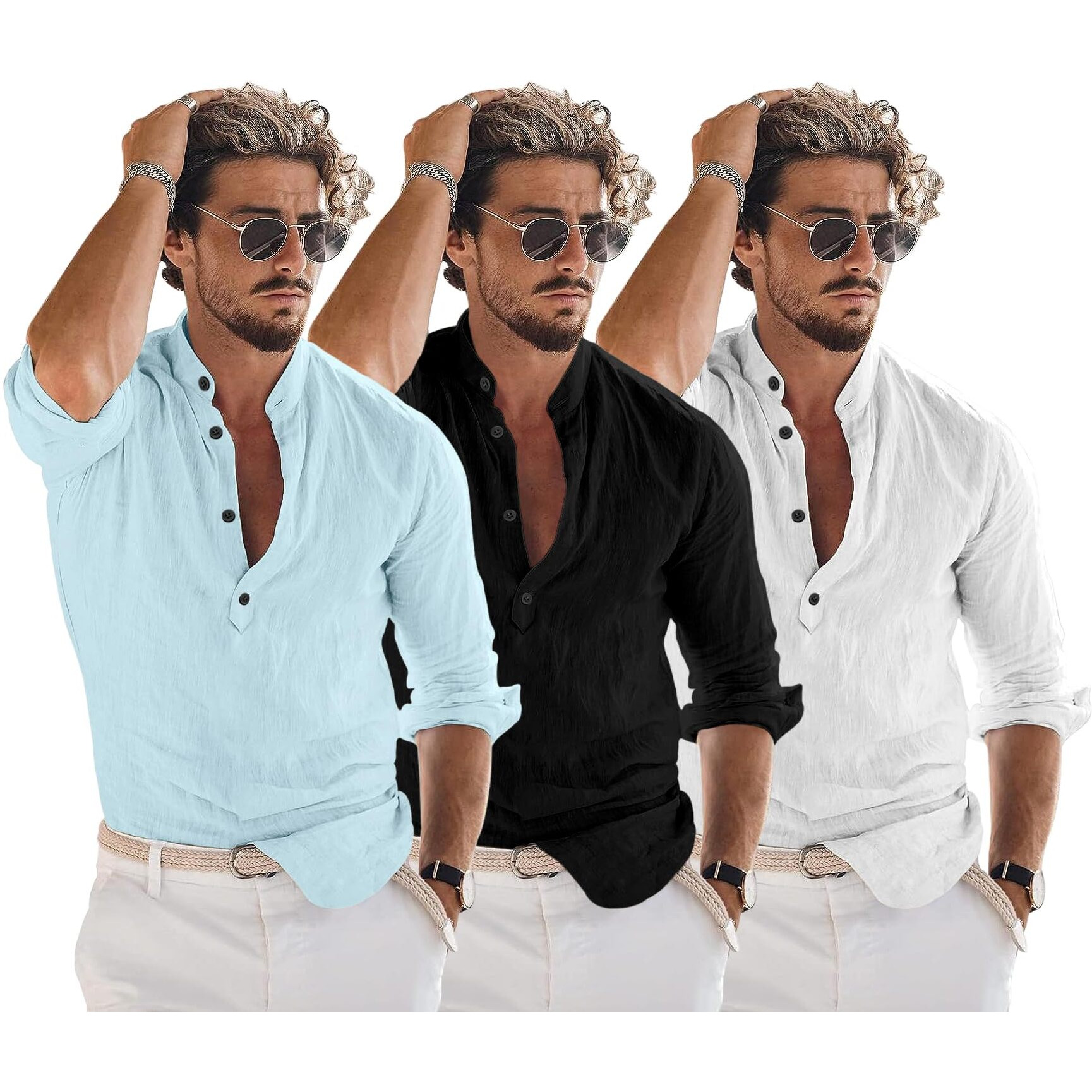 Bellstone Men's Cotton Blend Solid Regular Dress Shirt (Kurta1600_Triple_Aqua-Black-White_S