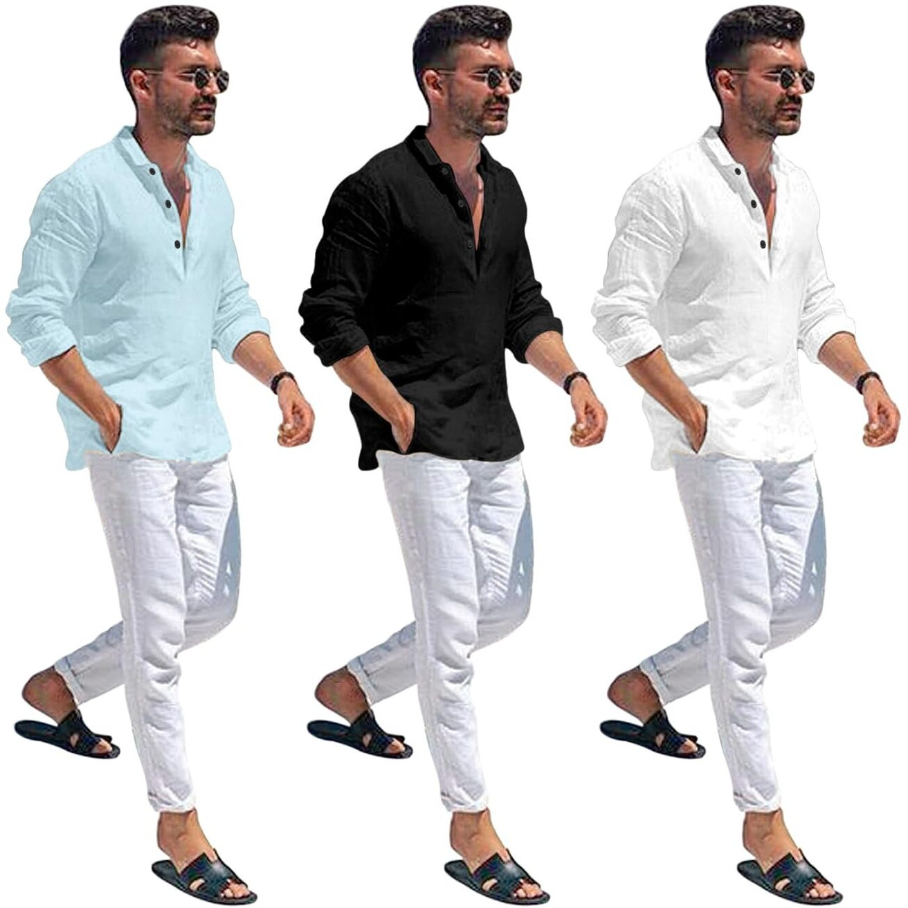 Bellstone Men's Cotton Blend Solid Regular Dress Shirt (Kurta1600_Triple_Aqua-Black-White_S