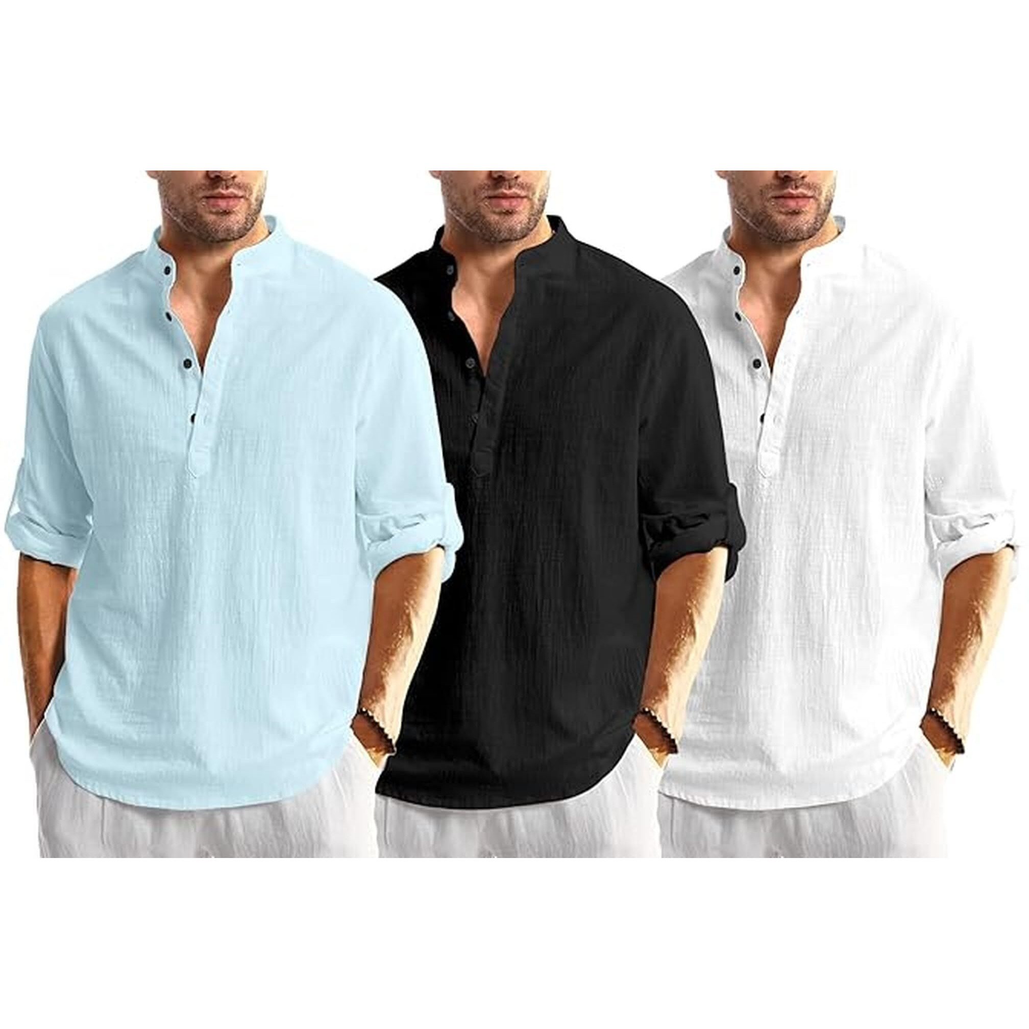 Bellstone Men's Cotton Blend Solid Regular Dress Shirt (Kurta1600_Triple_Aqua-Black-White_M