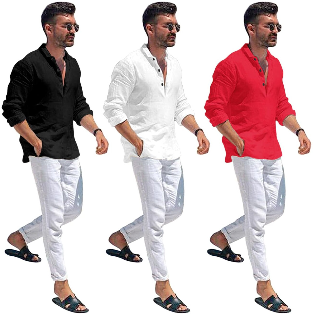 Bellstone Men's Cotton Blend Solid Regular Dress Shirt (Kurta1600_Triple_Black-White-Red_Xl