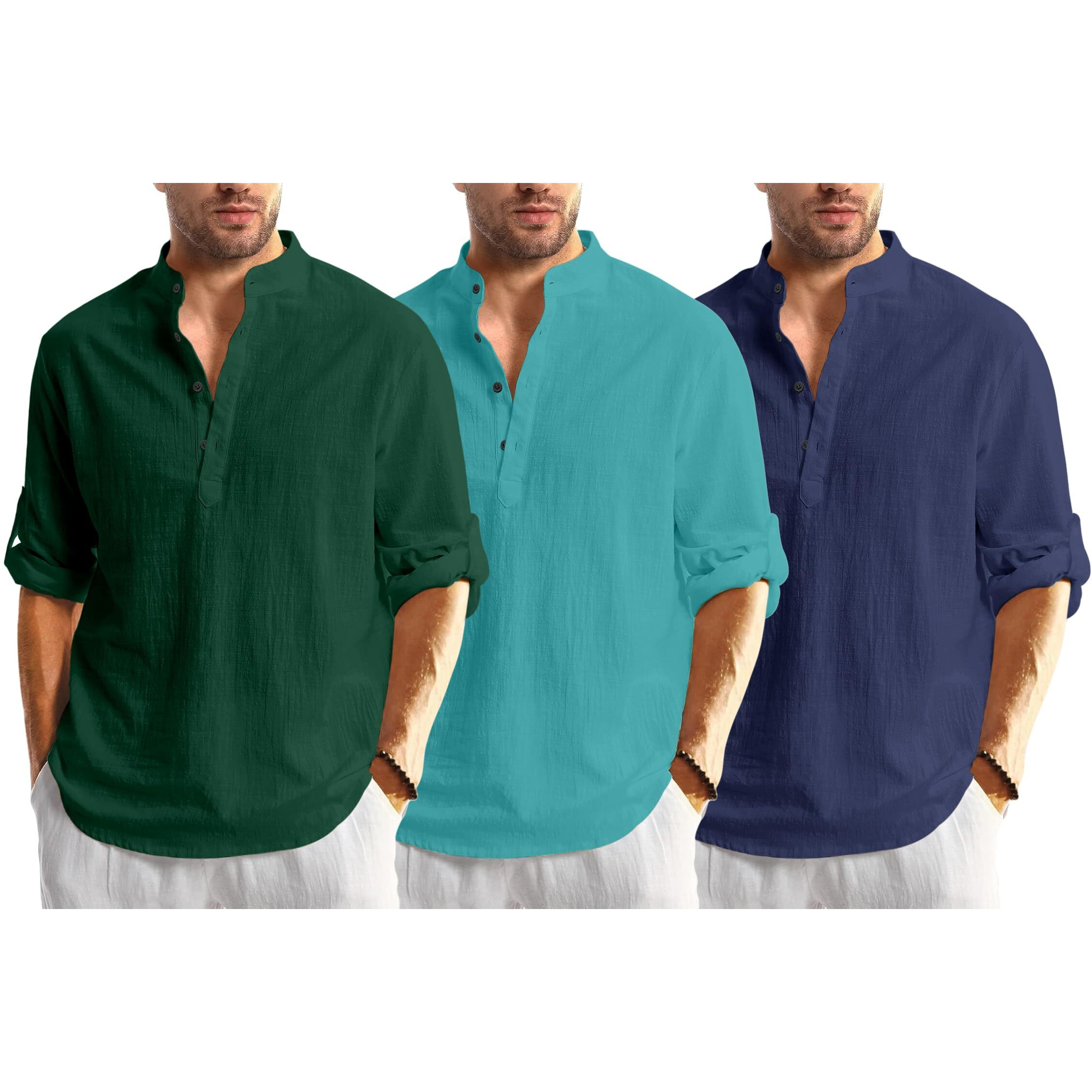 Bellstone Men's Solid Regular Fit Dress Shirt (Kurta1600_Triple_Darkgreen-Rama-Navy_L
