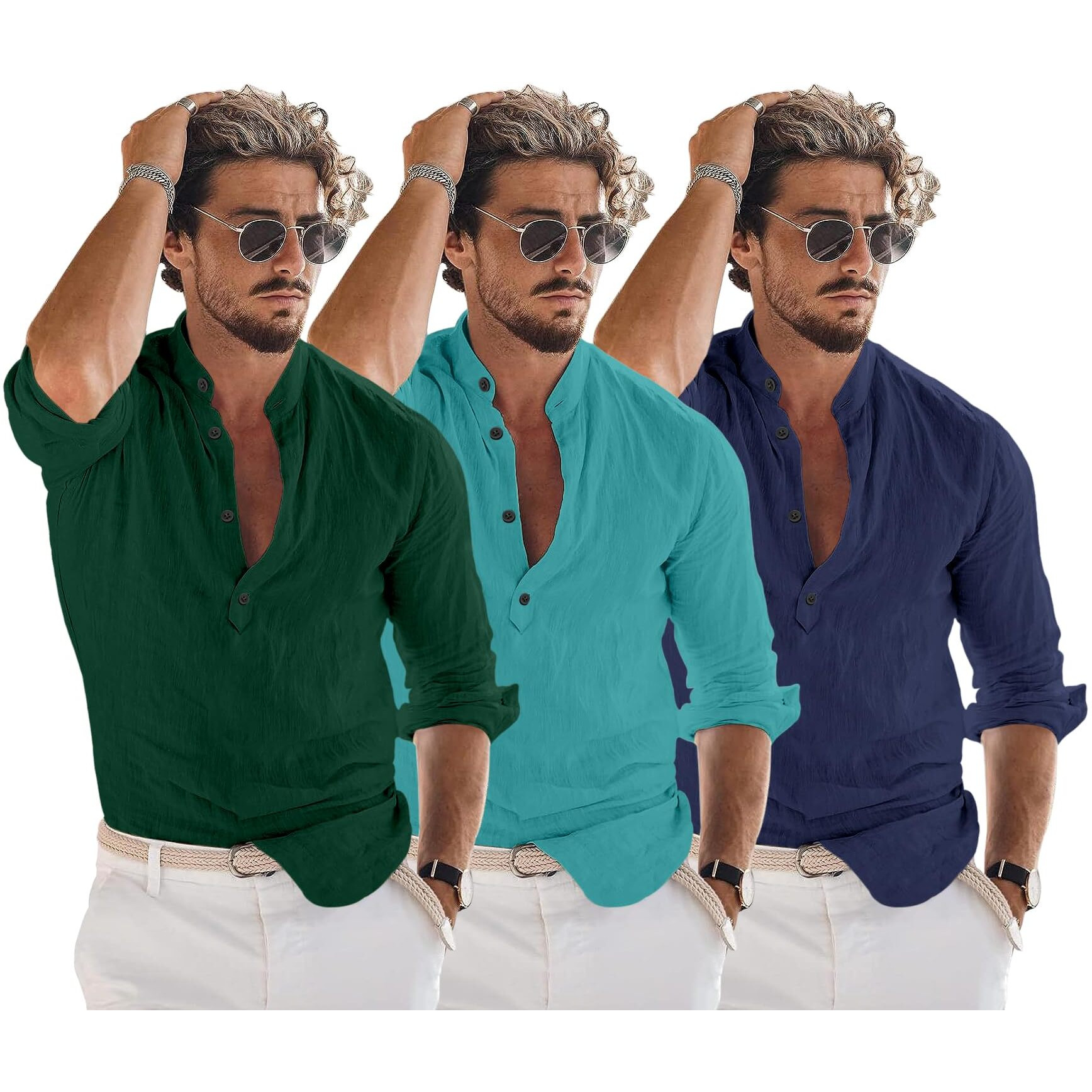 Bellstone Men's Solid Regular Fit Dress Shirt (Kurta1600_Triple_Darkgreen-Rama-Navy_L