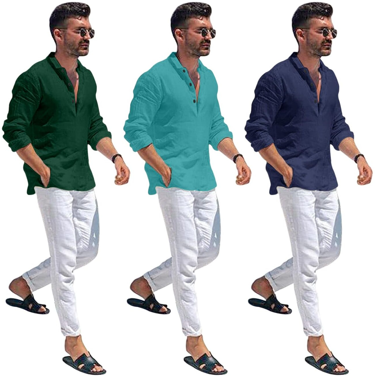 Bellstone Men's Solid Regular Fit Dress Shirt (Kurta1600_Triple_Darkgreen-Rama-Navy_L