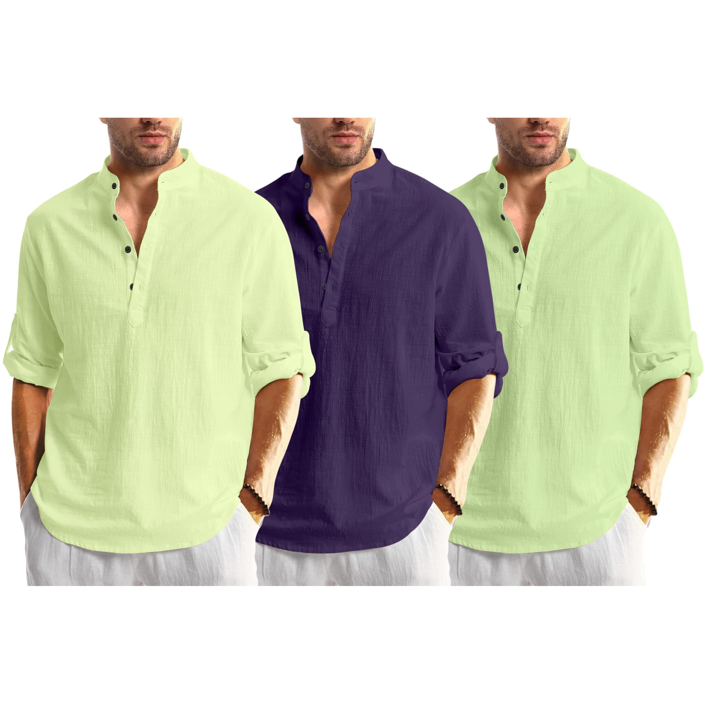 Bellstone Men's Cotton Blend Solid Regular Dress Shirt (Kurta1600_Triple_Lyellow-Purple-Lgreen_M_Lightyellow Lightgreen
