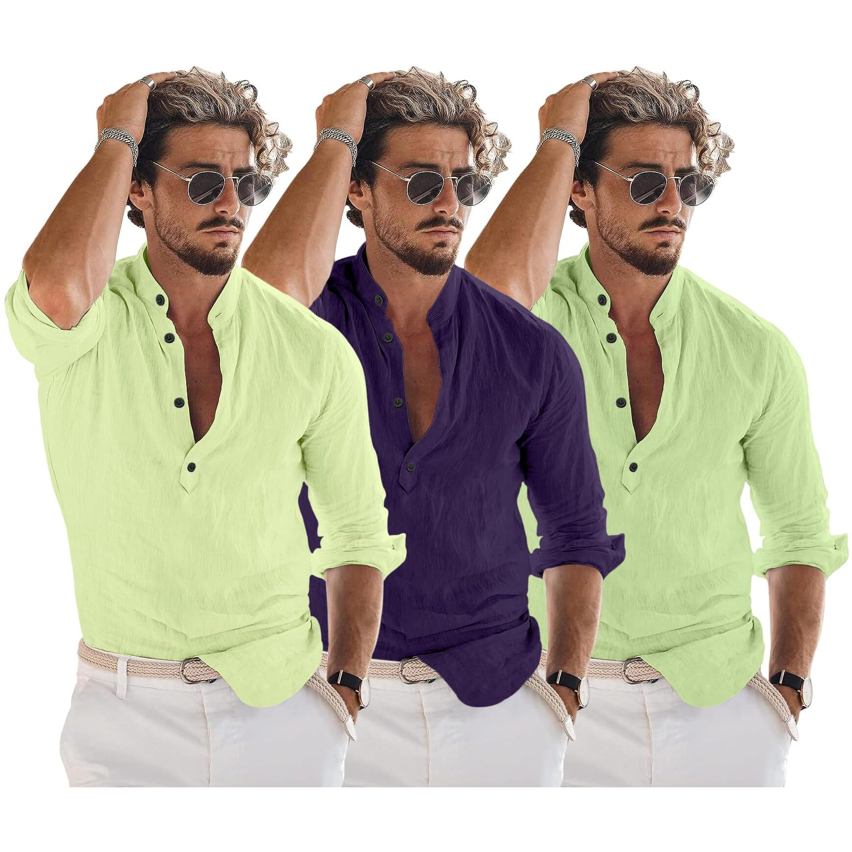 Bellstone Men's Cotton Blend Solid Regular Dress Shirt (Kurta1600_Triple_Lyellow-Purple-Lgreen_M_Lightyellow Lightgreen
