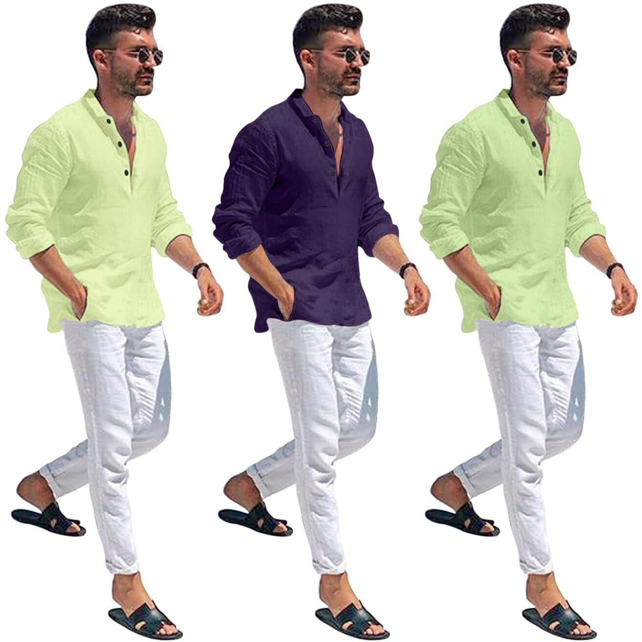 Bellstone Men's Cotton Blend Solid Regular Dress Shirt (Kurta1600_Triple_Lyellow-Purple-Lgreen_M_Lightyellow Lightgreen