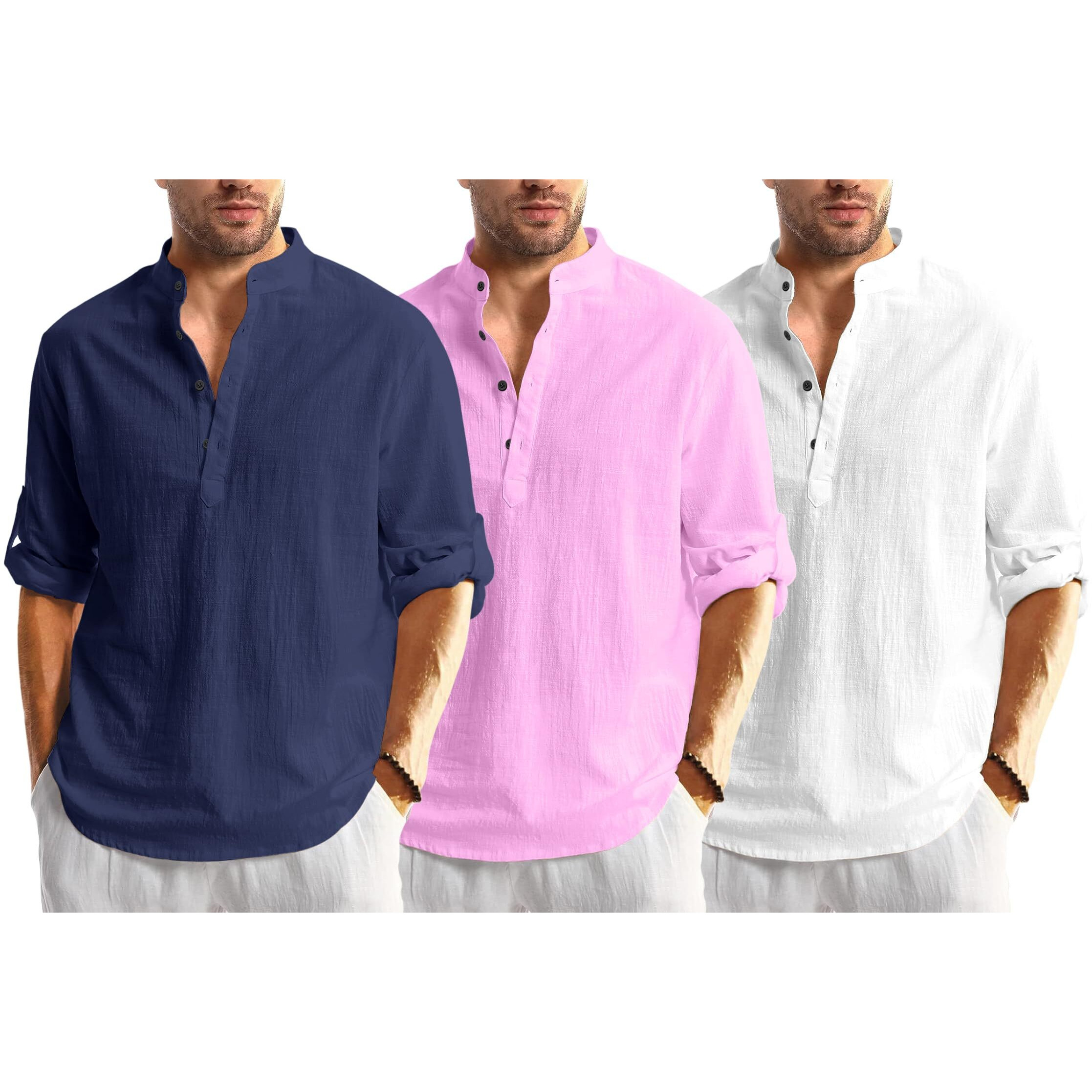 Bellstone Men's Cotton Blend Solid Regular Dress Shirt (Kurta1600_Triple_Navy-Pink-White_M