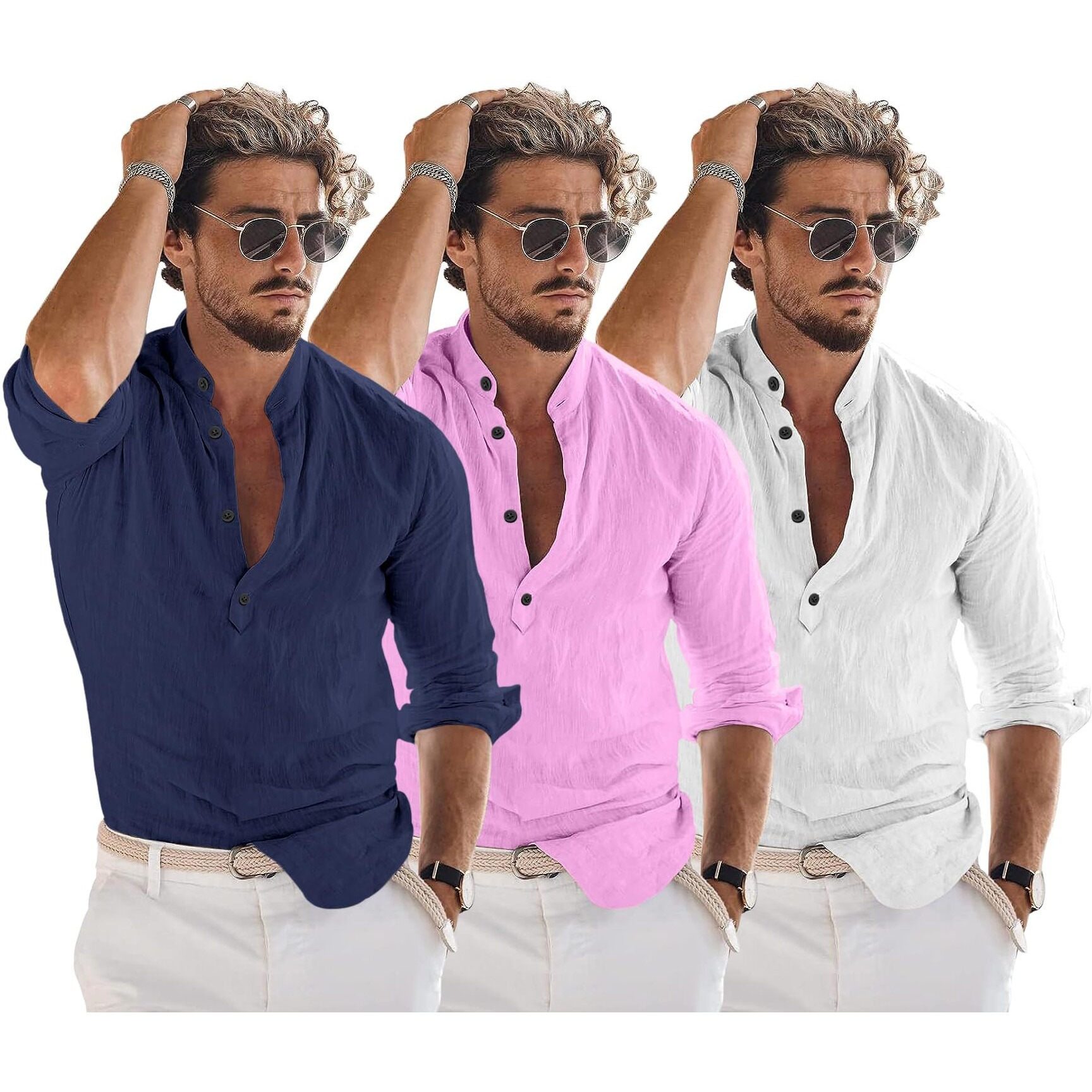 Bellstone Men's Cotton Blend Solid Regular Dress Shirt (Kurta1600_Triple_Navy-Pink-White_M