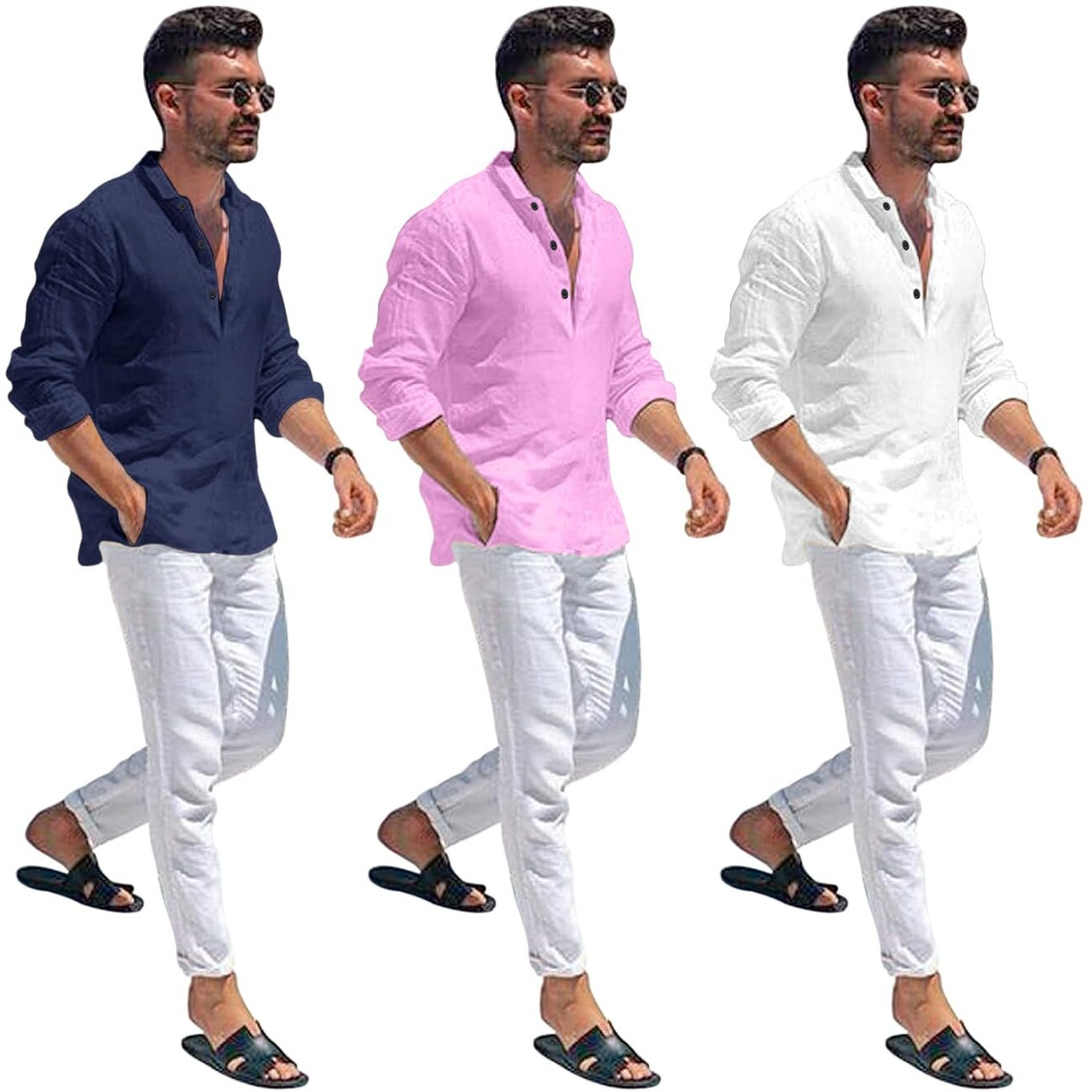 Bellstone Men's Cotton Blend Solid Regular Dress Shirt (Kurta1600_Triple_Navy-Pink-White_Xl