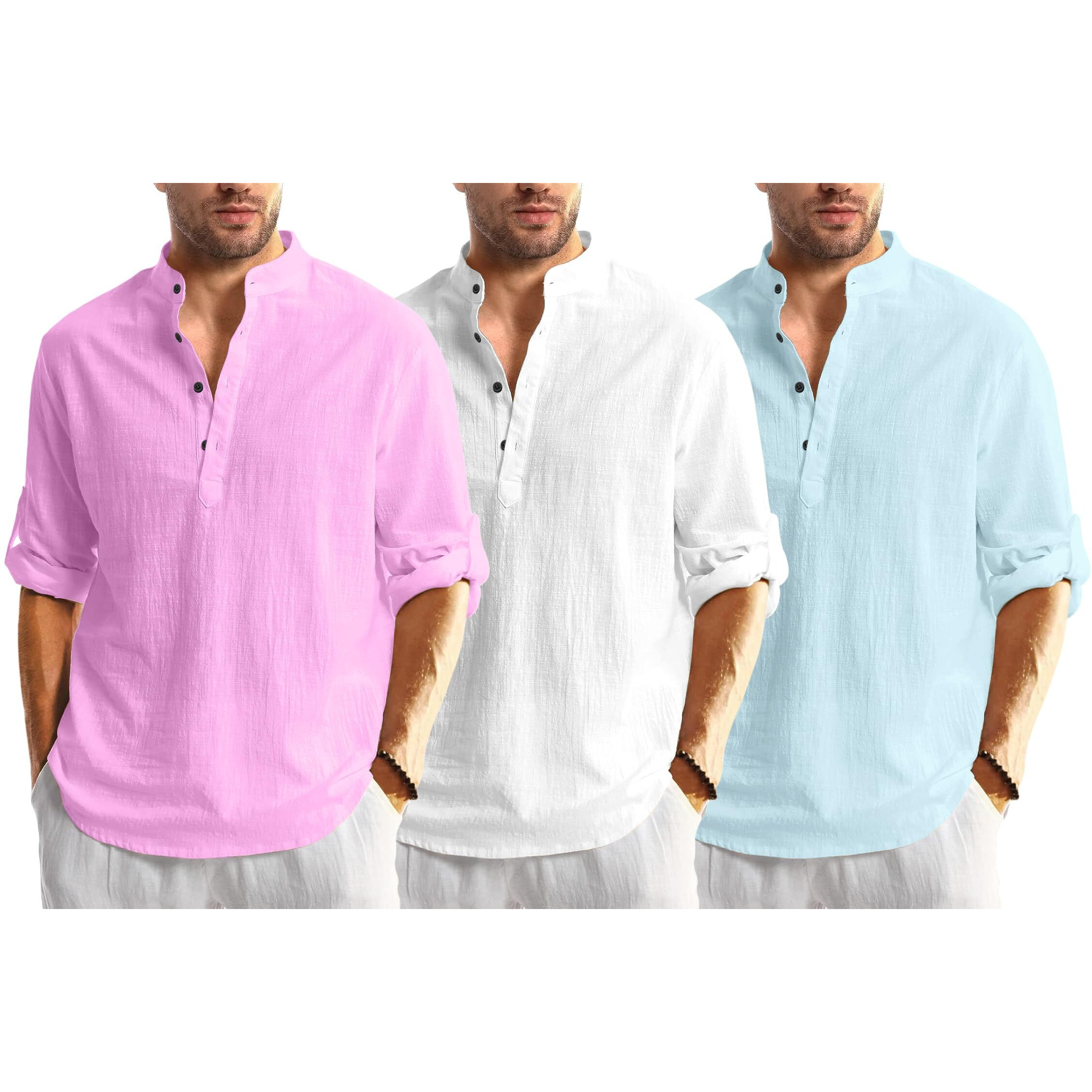 Bellstone Men's Cotton Blend Solid Regular Dress Shirt (Kurta1600_Triple_Pink-White-Aqua_M