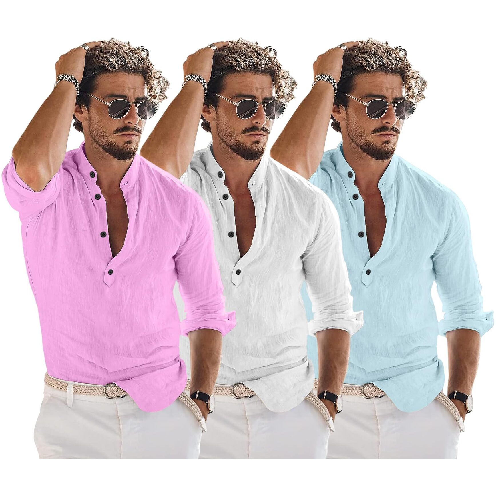 Bellstone Men's Cotton Blend Solid Regular Dress Shirt (Kurta1600_Triple_Pink-White-Aqua_M