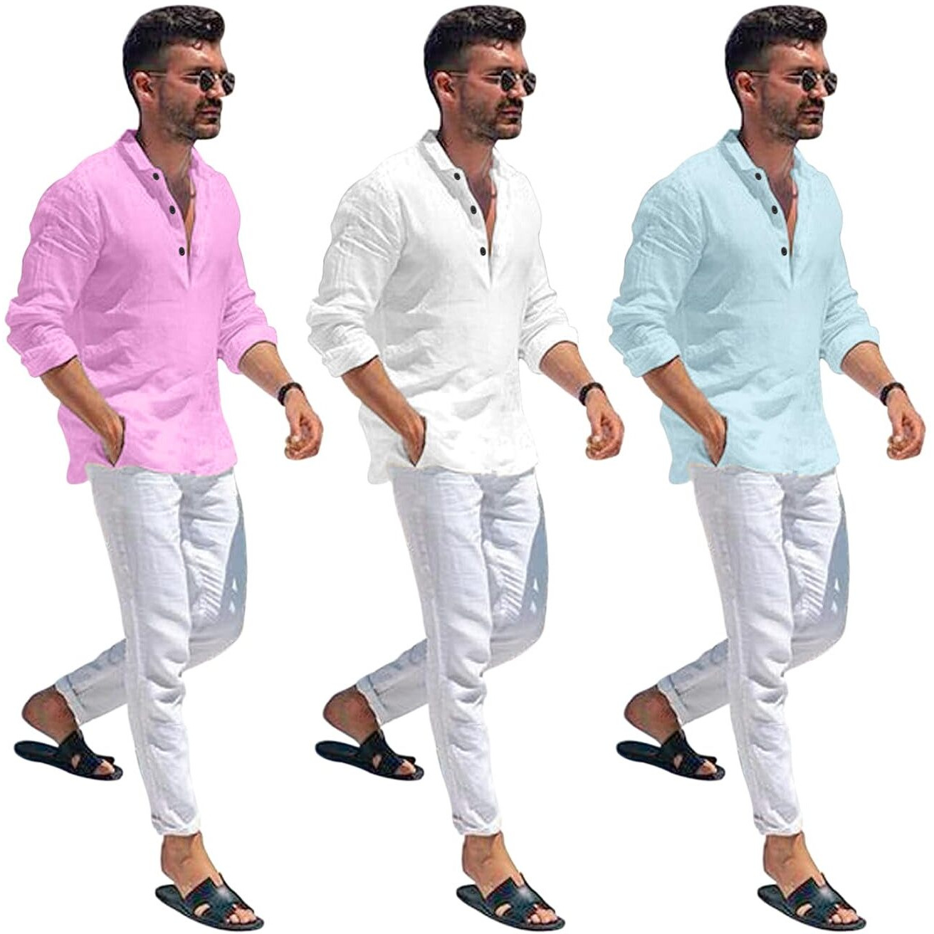 Bellstone Men's Cotton Blend Solid Regular Dress Shirt (Kurta1600_Triple_Pink-White-Aqua_M