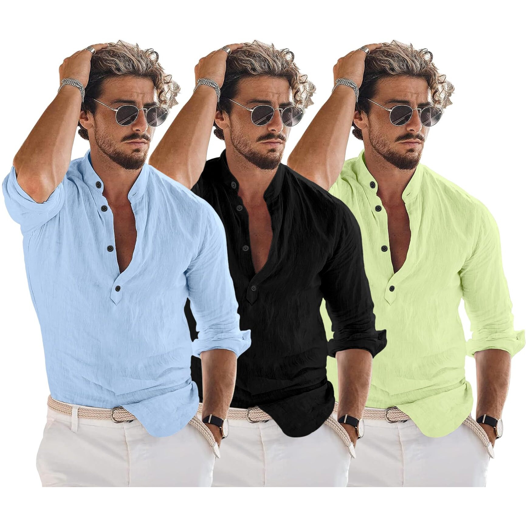 Bellstone Men's Cotton Blend Solid Regular Dress Shirt (Kurta1600_Triple_Sky-Black-Lyellow_Xl Lightyellow