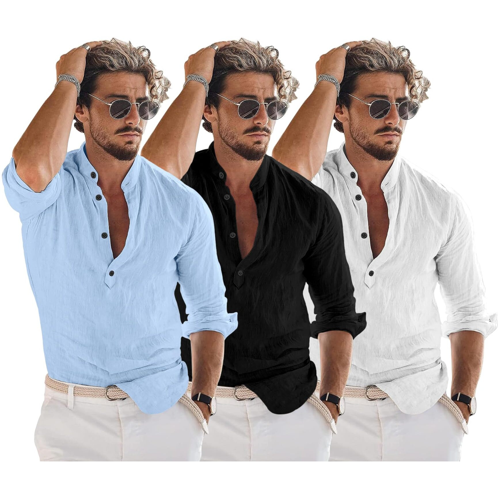Bellstone Men's Cotton Blend Solid Regular Dress Shirt (Kurta1600_Triple_Sky-Black-White_Xl