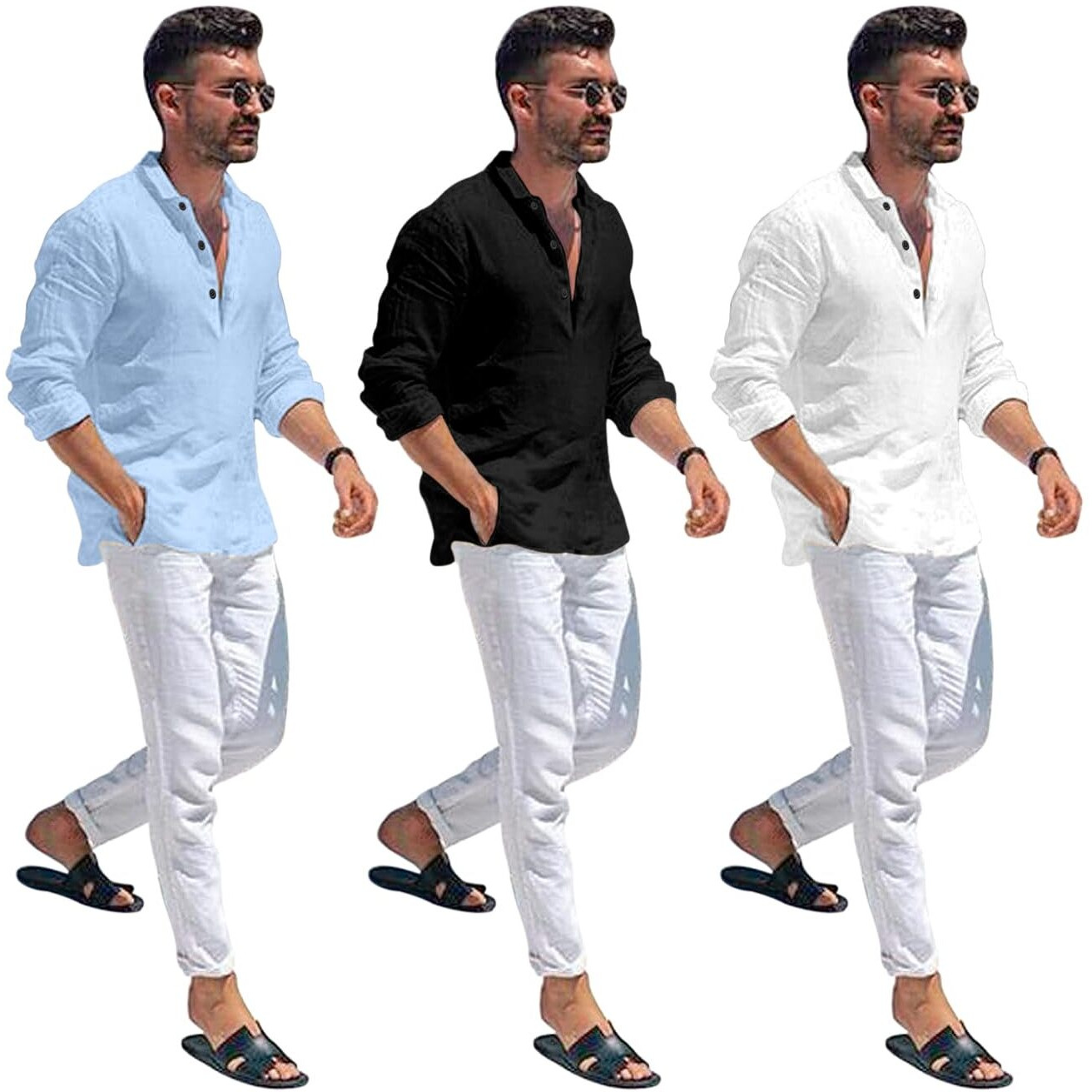 Bellstone Men's Cotton Blend Solid Regular Dress Shirt (Kurta1600_Triple_Sky-Black-White_Xl