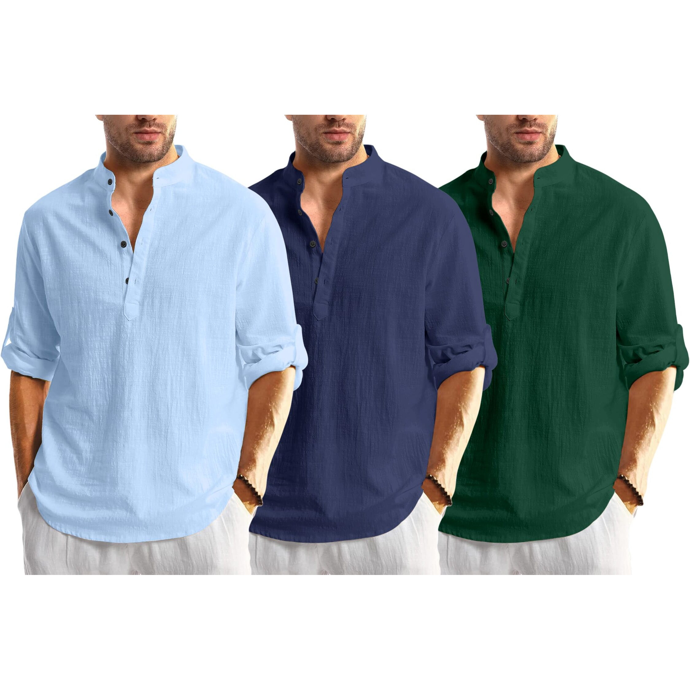 Bellstone Men's Cotton Blend Solid Regular Dress Shirt (Kurta1600_Triple_Sky-Navy-Darkgreen_L