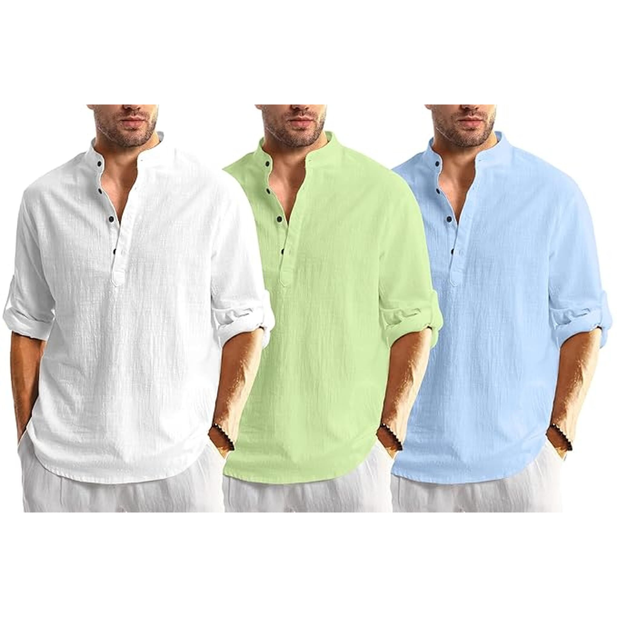 Bellstone Men's Cotton Blend Solid Regular Dress Shirt (Kurta1600_Triple_White-Lgreen-Sky_M Lightgreen