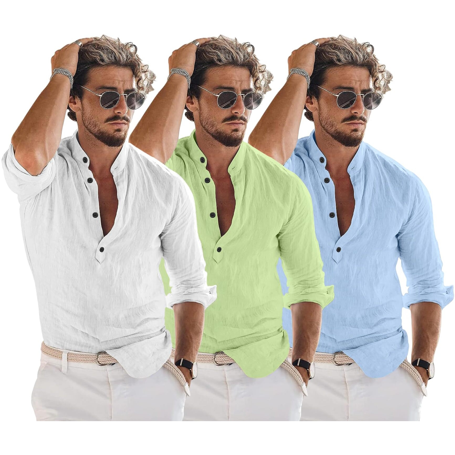 Bellstone Men's Cotton Blend Solid Regular Dress Shirt (Kurta1600_Triple_White-Lgreen-Sky_M Lightgreen