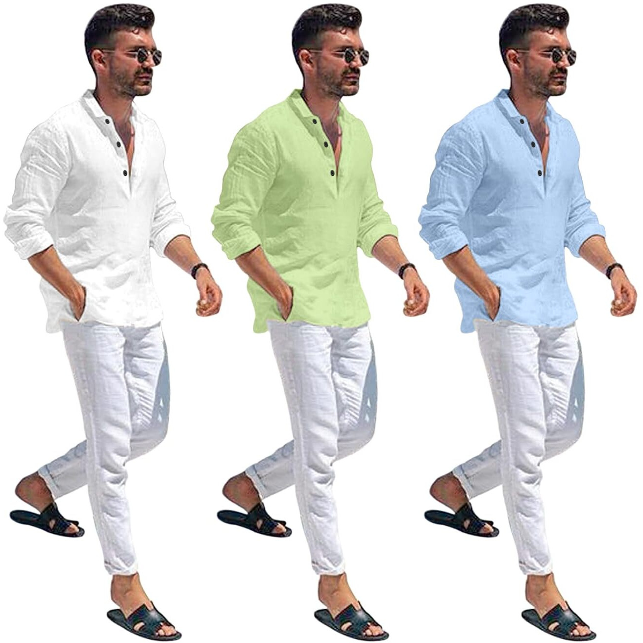 Bellstone Men's Cotton Blend Solid Regular Dress Shirt (Kurta1600_Triple_White-Lgreen-Sky_M Lightgreen