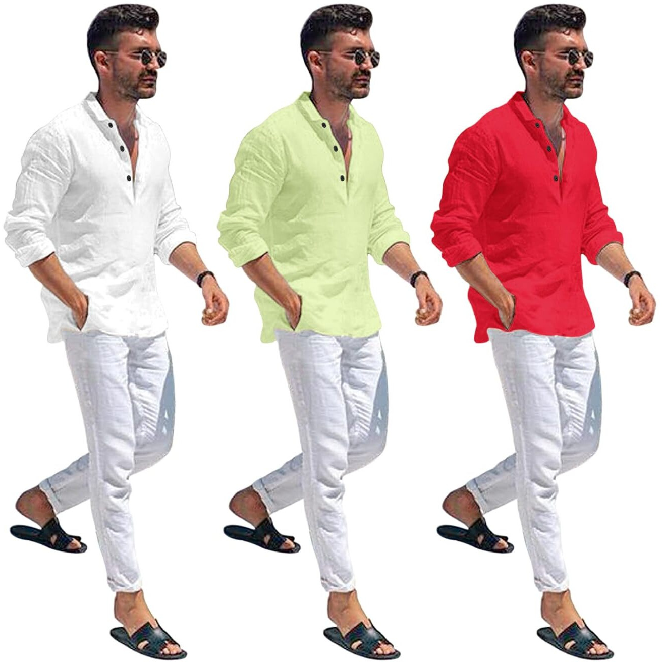 Bellstone Men's Cotton Blend Solid Regular Dress Shirt (Kurta1600_Triple_White-Lyellow-Red_M Lightyellow