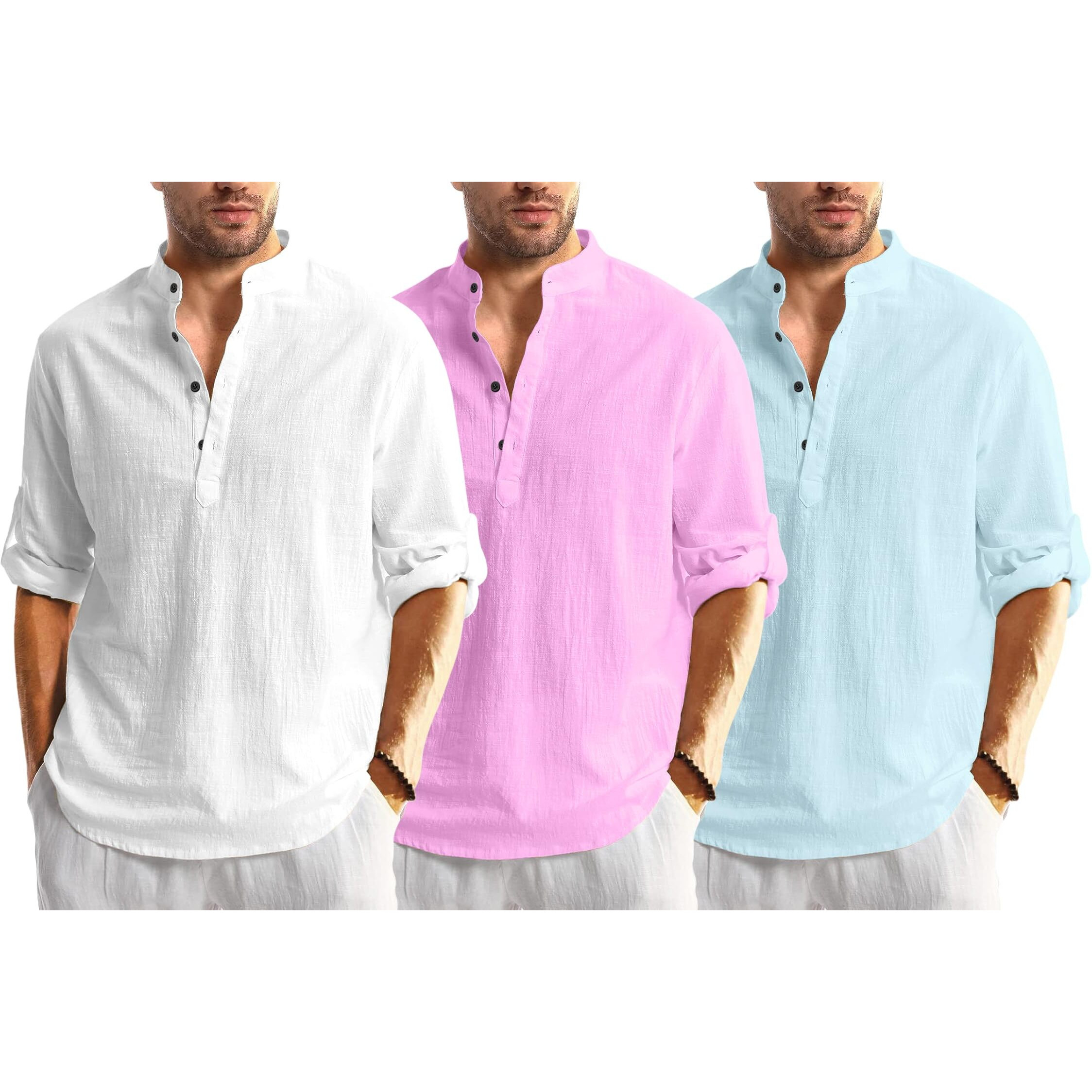 Bellstone Men's Solid Regular Fit Dress Shirt (Kurta1600_Triple_White-Pink-Aqua_Xl