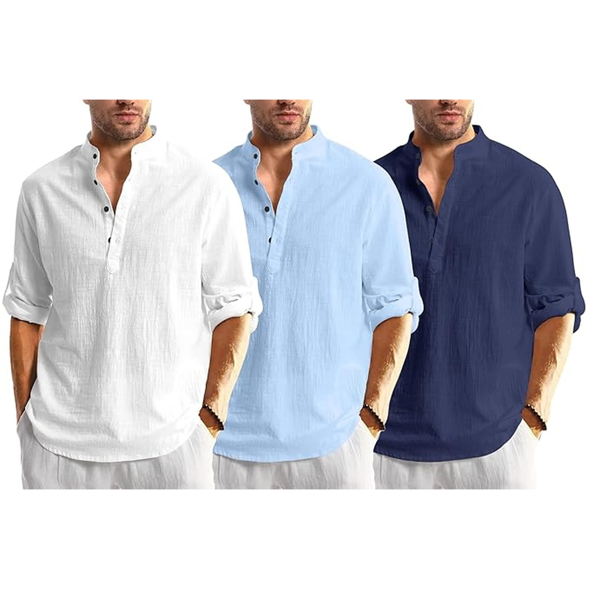 Bellstone Men's Cotton Blend Solid Regular Dress Shirt (Kurta1600_Triple_White-Sky-Navy_L