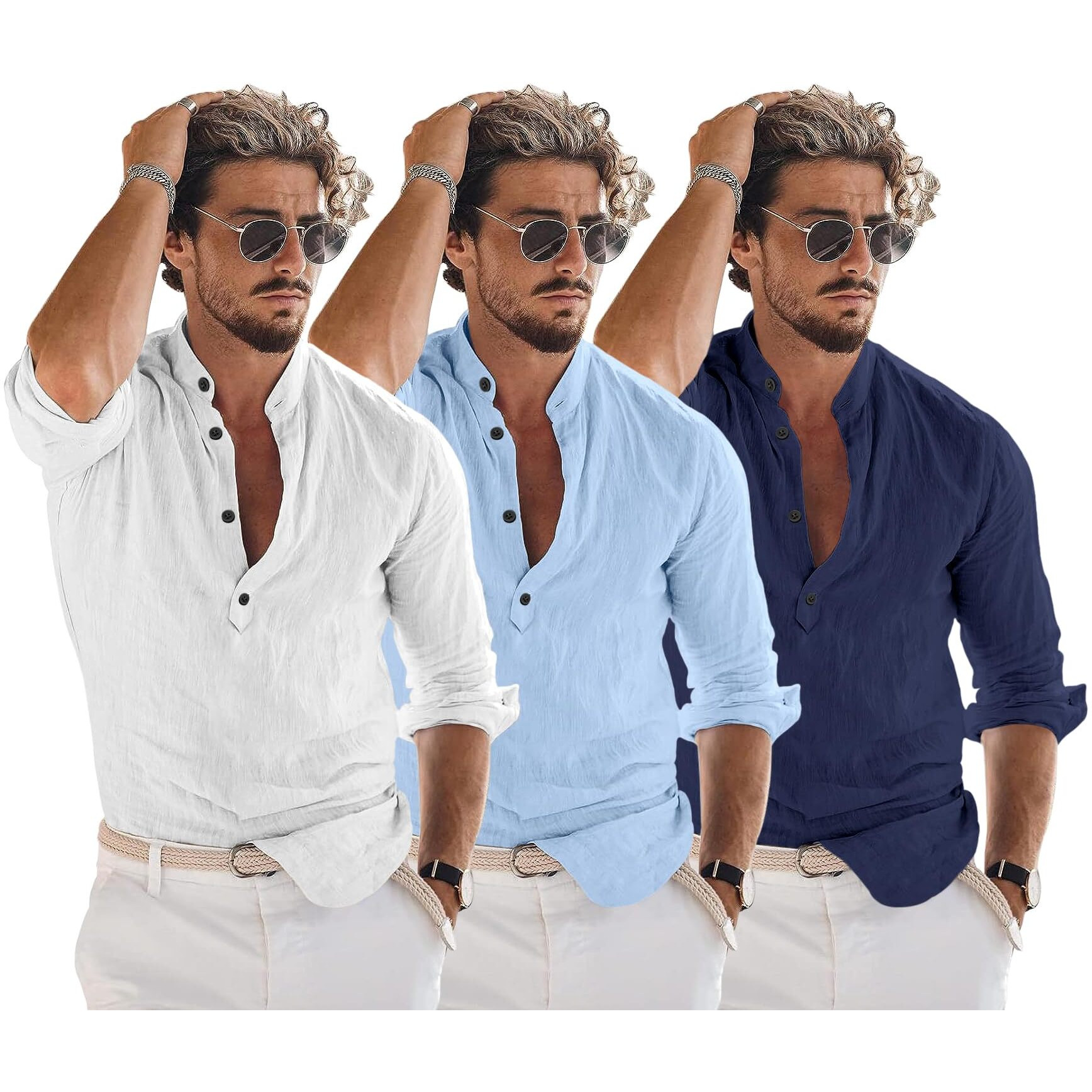 Bellstone Men's Cotton Blend Solid Regular Dress Shirt (Kurta1600_Triple_White-Sky-Navy_L