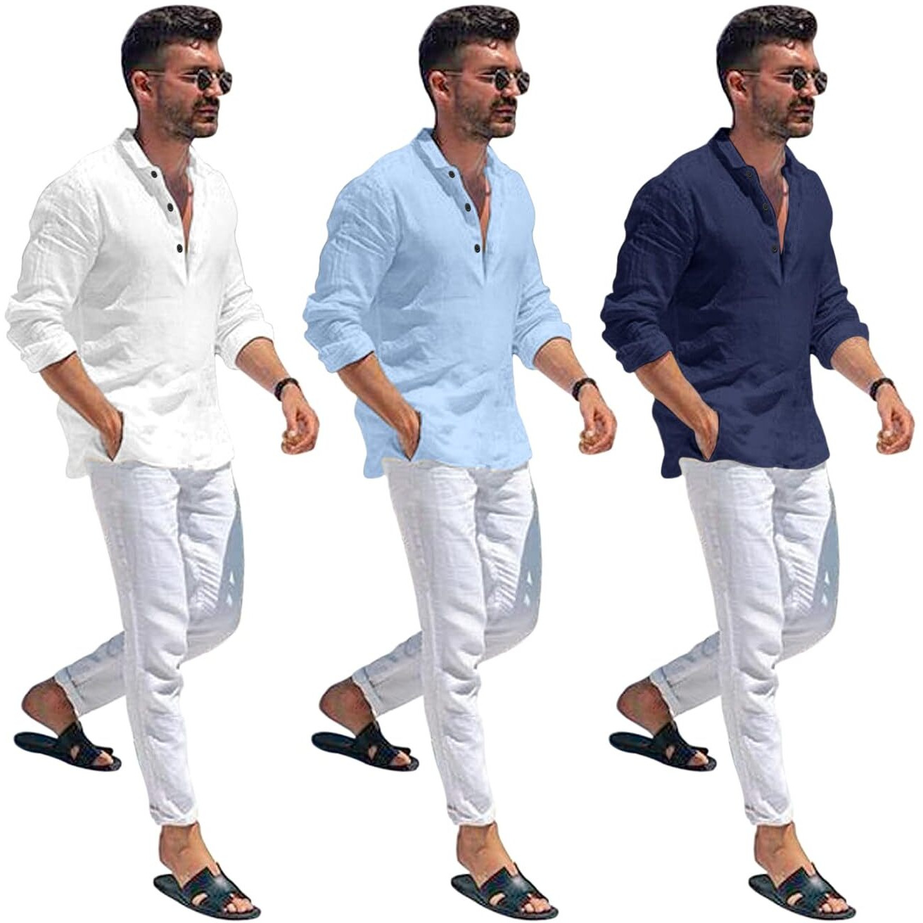 Bellstone Men's Cotton Blend Solid Regular Dress Shirt (Kurta1600_Triple_White-Sky-Navy_L