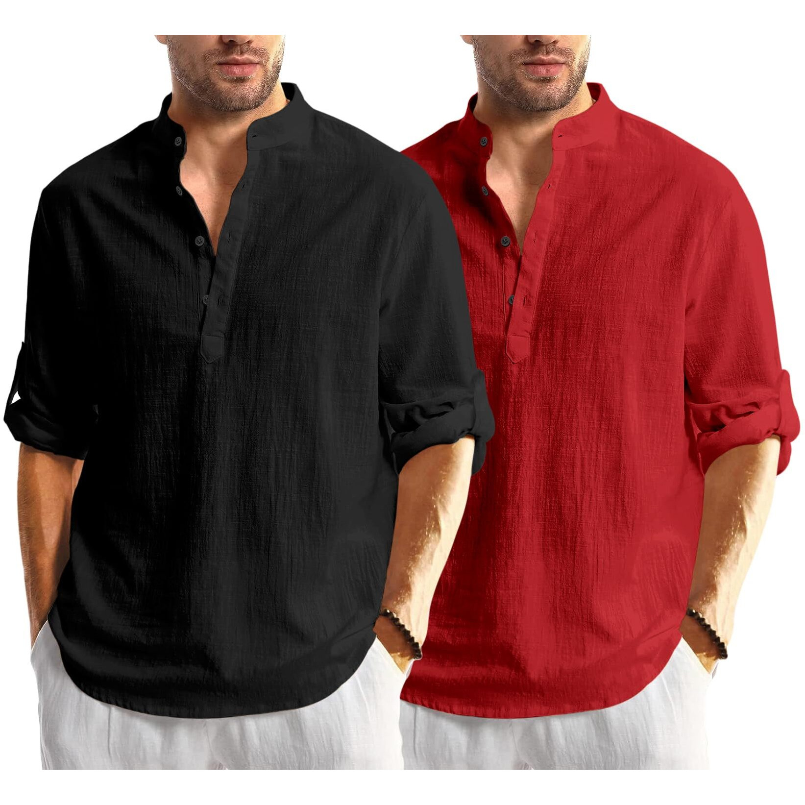 Bellstone Men's Cotton Blend Solid Regular Dress Shirt (Kurta1600_Combo_Black & Maroon_2Xl