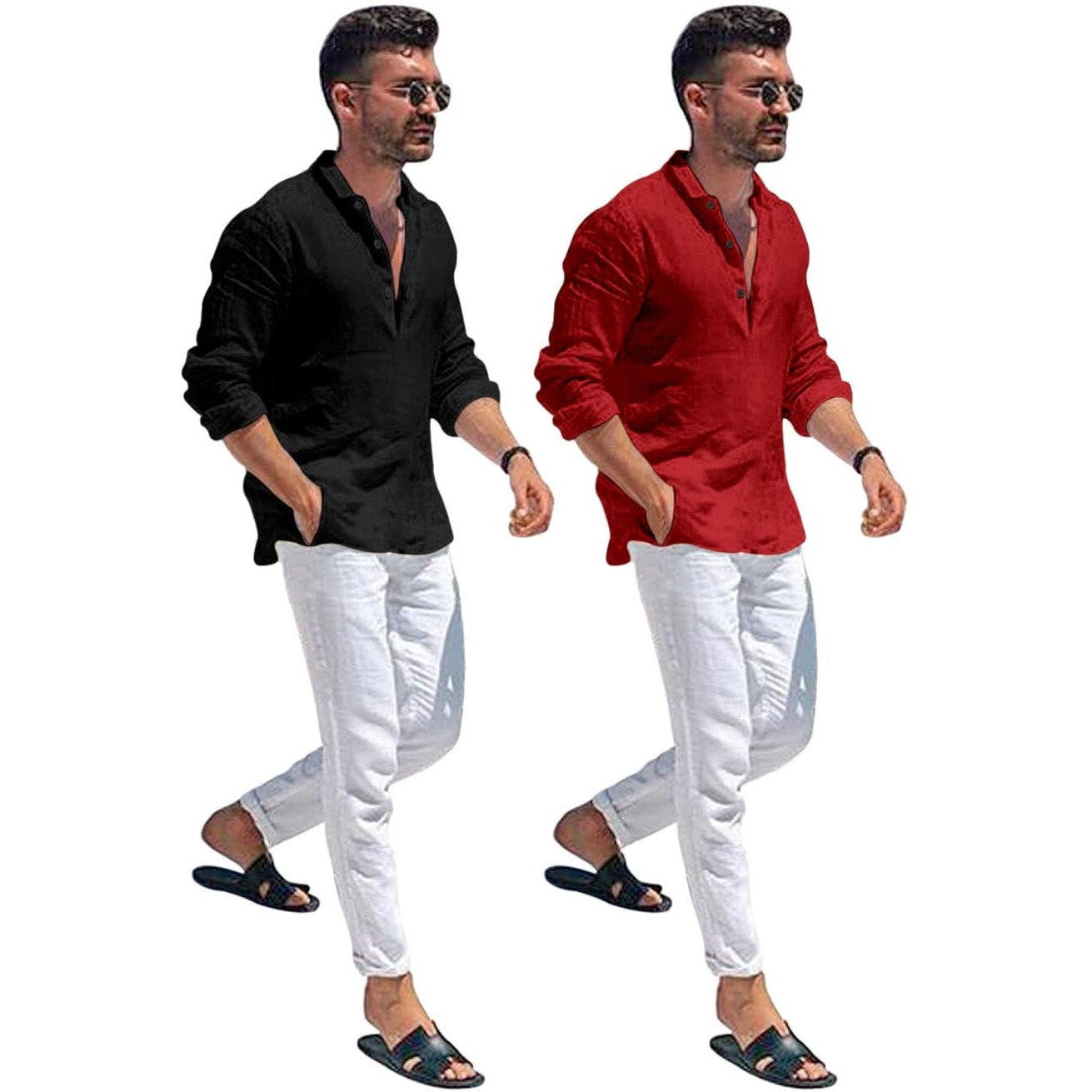 Bellstone Men's Cotton Blend Solid Regular Dress Shirt (Kurta1600_Combo_Black & Maroon_2Xl