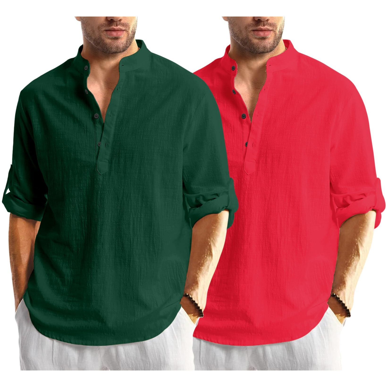 Bellstone Men's Cotton Blend Solid Regular Dress Shirt (Kurta1600_Combo_Dark Green & Red_2Xl