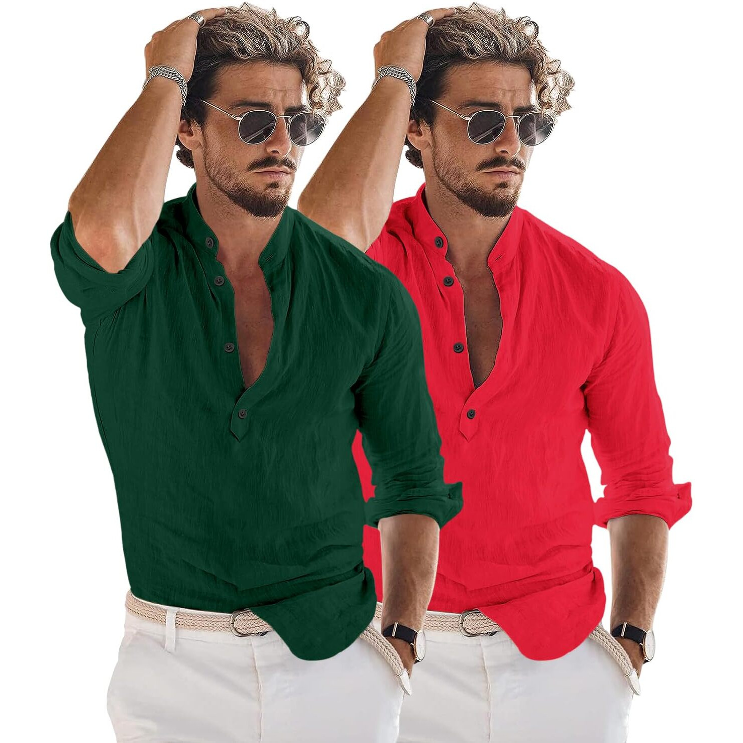 Bellstone Men's Cotton Blend Solid Regular Dress Shirt (Kurta1600_Combo_Dark Green & Red_2Xl