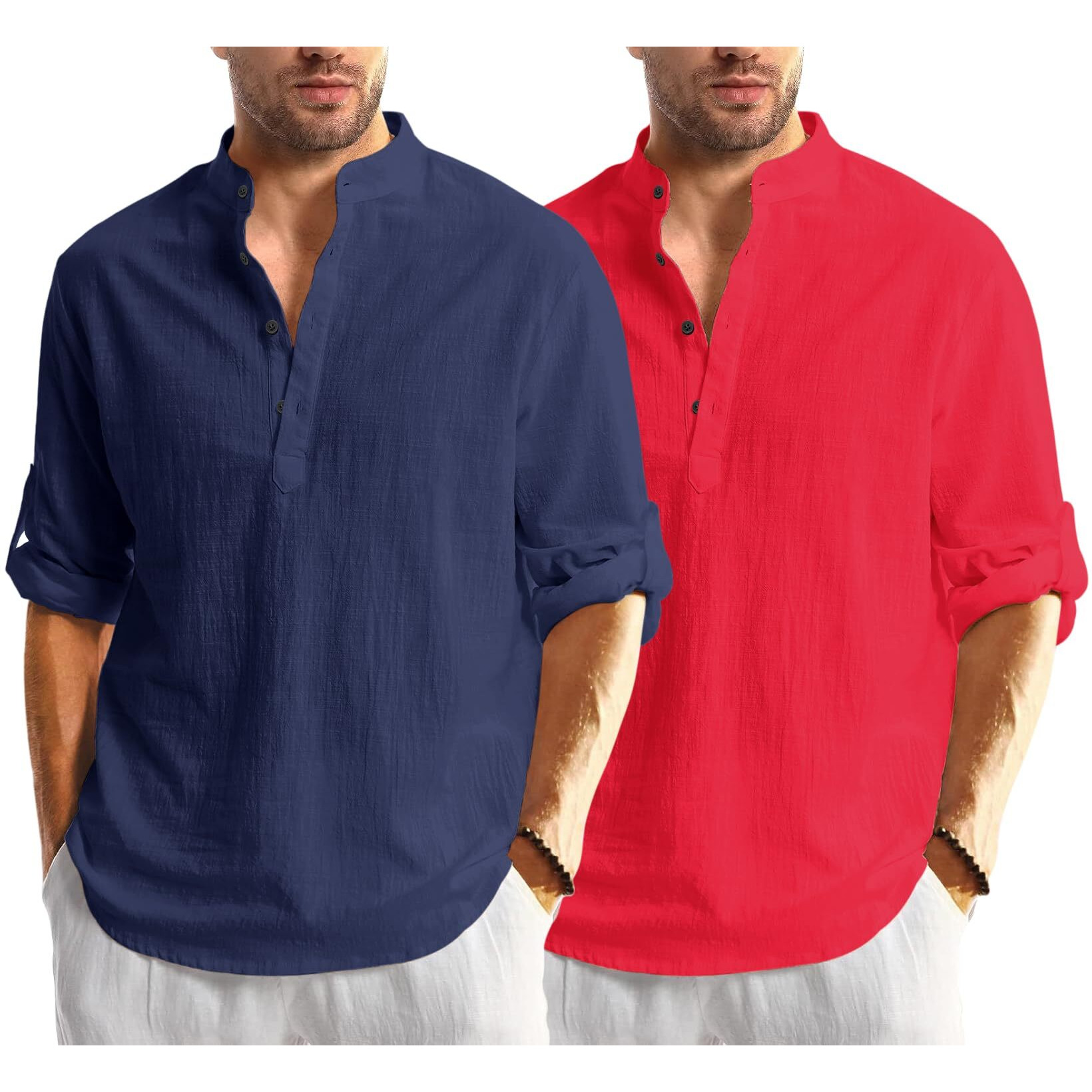 Bellstone Men's Cotton Blend Solid Regular Dress Shirt (Kurta1600_Combo_Navy & Red_2Xl