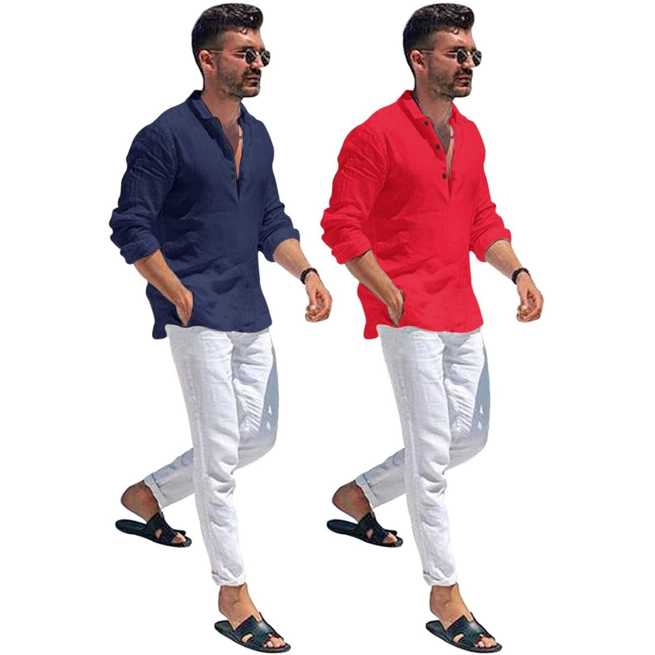 Bellstone Men's Cotton Blend Solid Regular Dress Shirt (Kurta1600_Combo_Navy & Red_2Xl