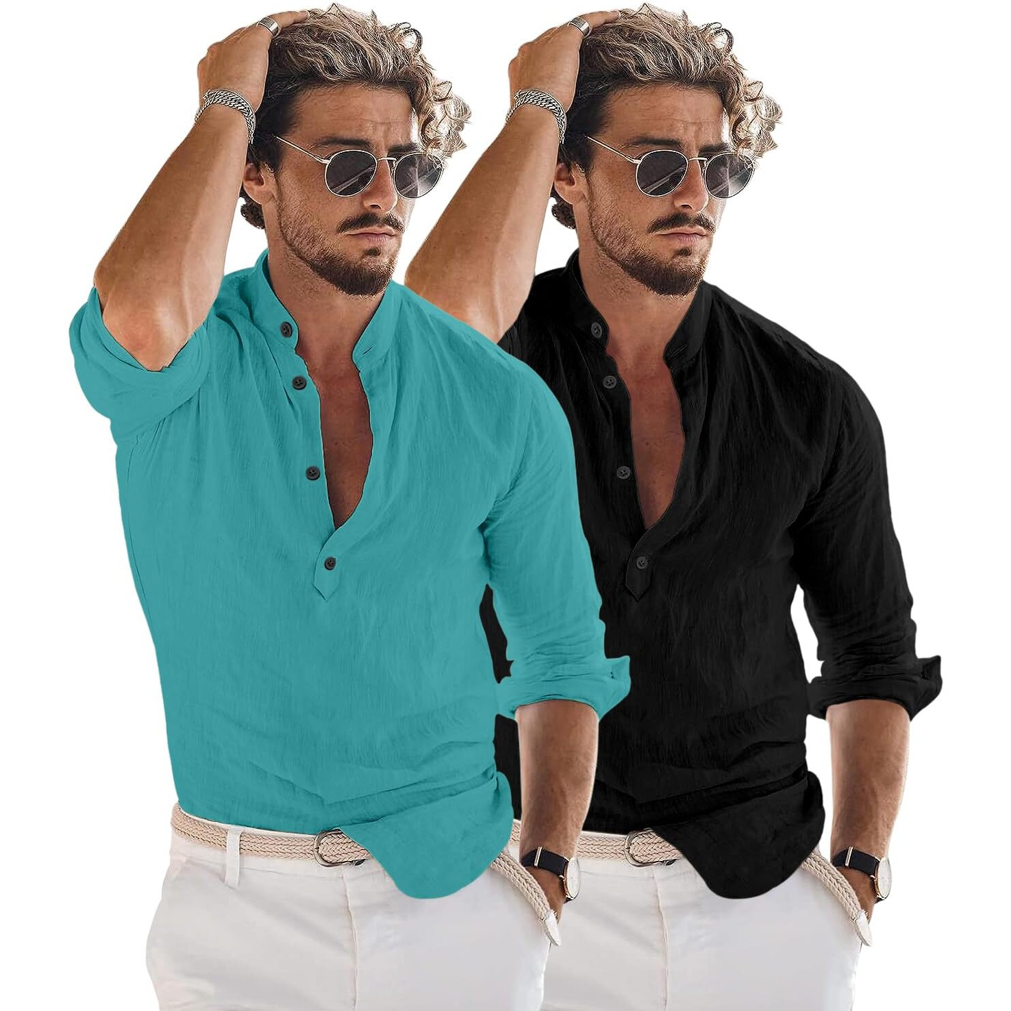 Bellstone Men's Cotton Blend Solid Regular Dress Shirt (Kurta1600_Combo_Rama & Black_2Xl