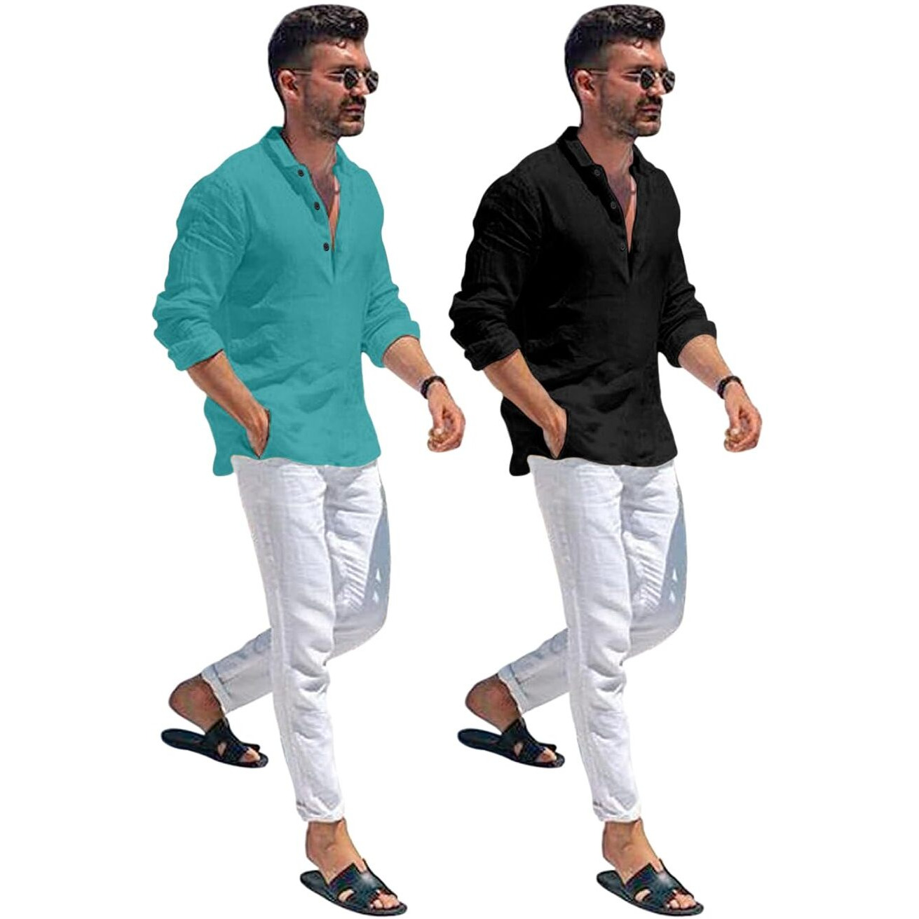 Bellstone Men's Cotton Blend Solid Regular Dress Shirt (Kurta1600_Combo_Rama & Black_2Xl
