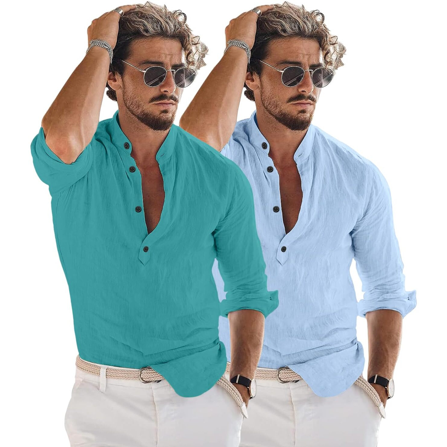 Bellstone Men's Solid Regular Fit Dress Shirt (Kurta1600_Combo_Rama & Sky_2Xl